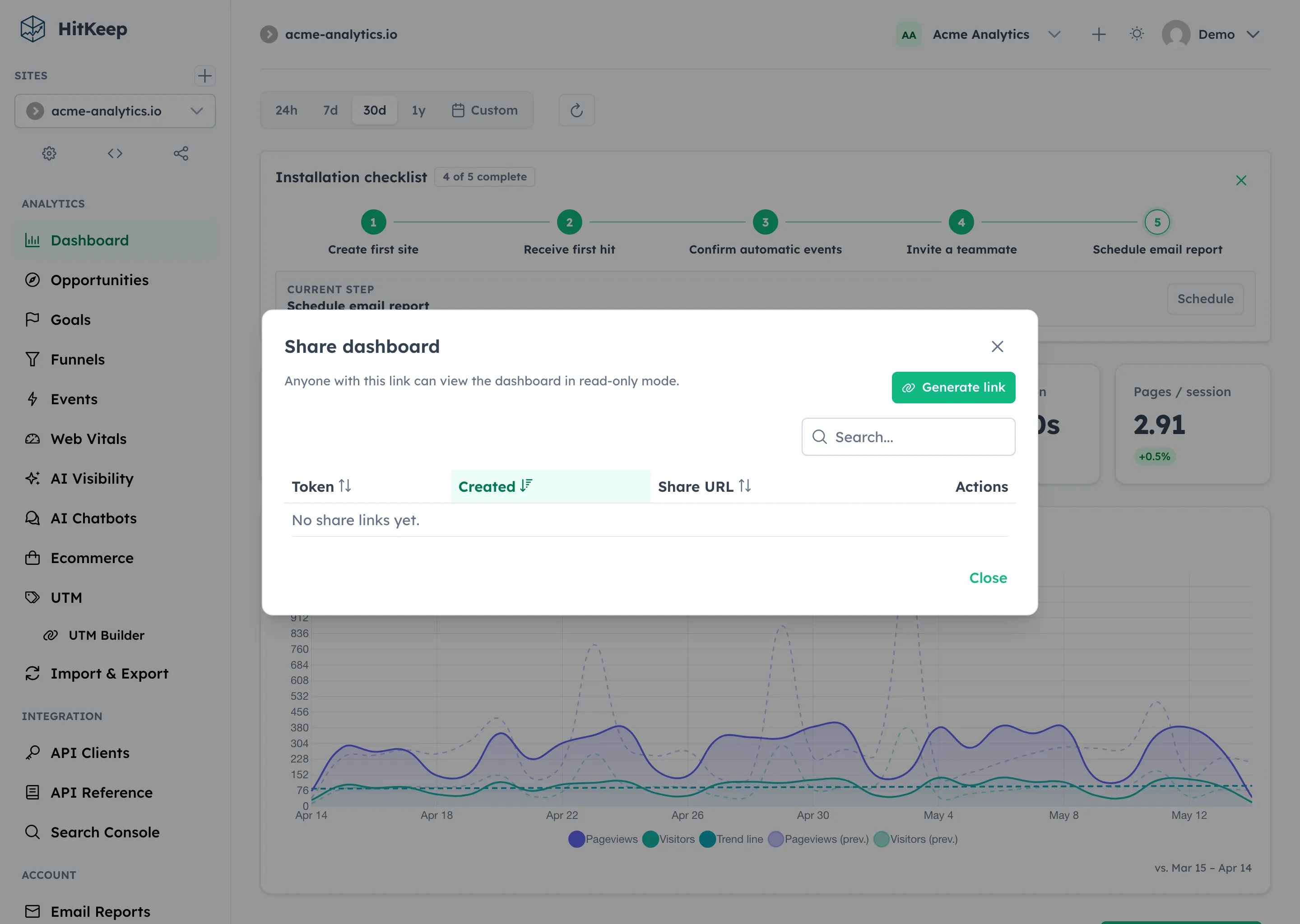 HitKeep share dashboard dialog for generating a read-only analytics link