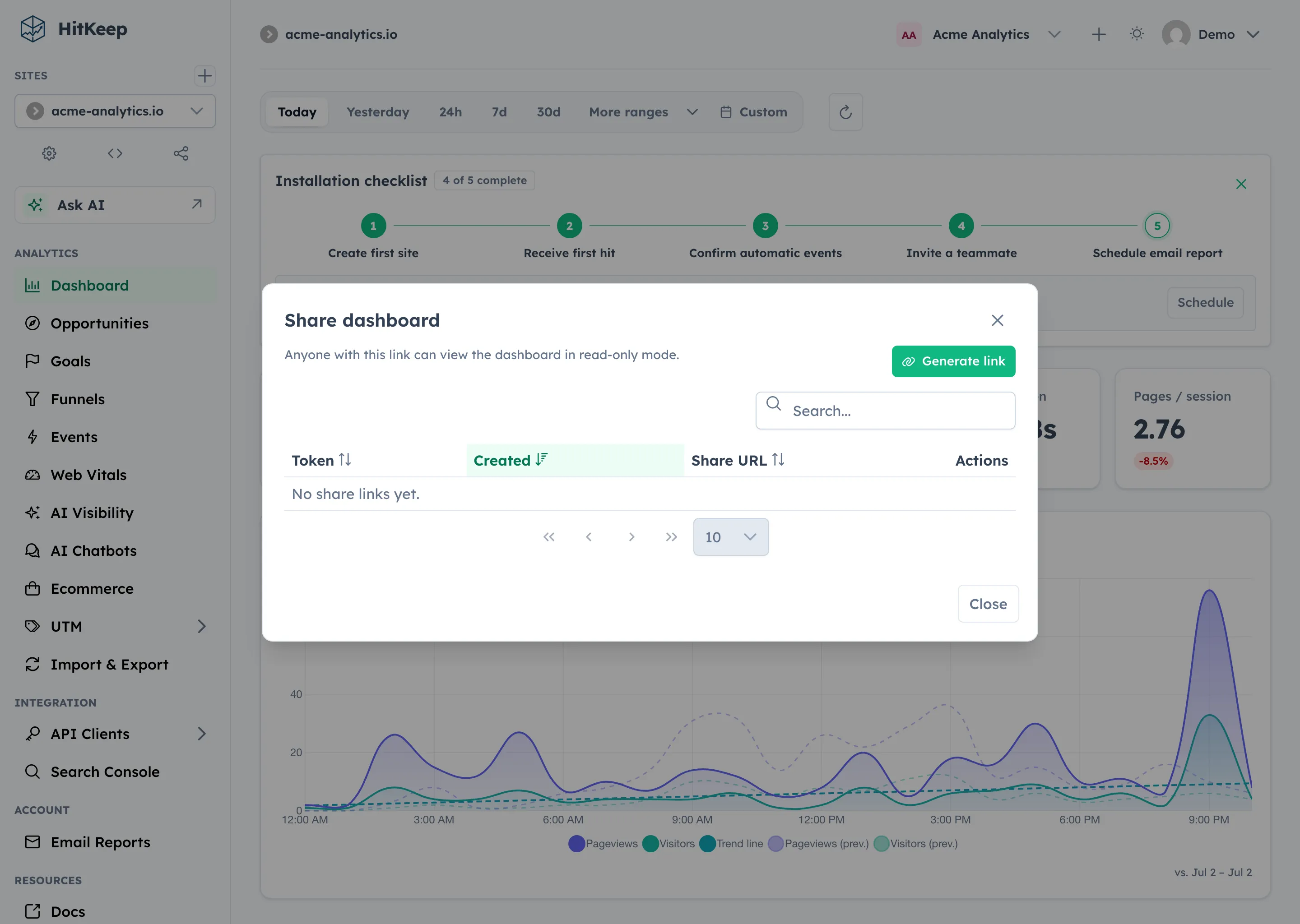 HitKeep share dashboard dialog for generating a read-only analytics link