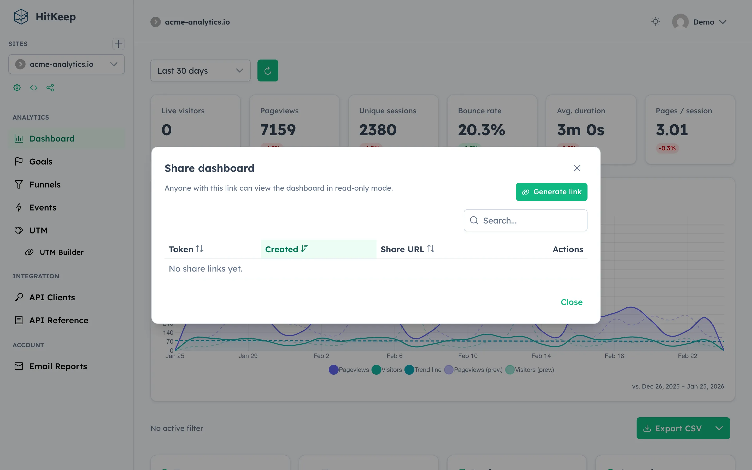 HitKeep shareable dashboard — read-only share link management