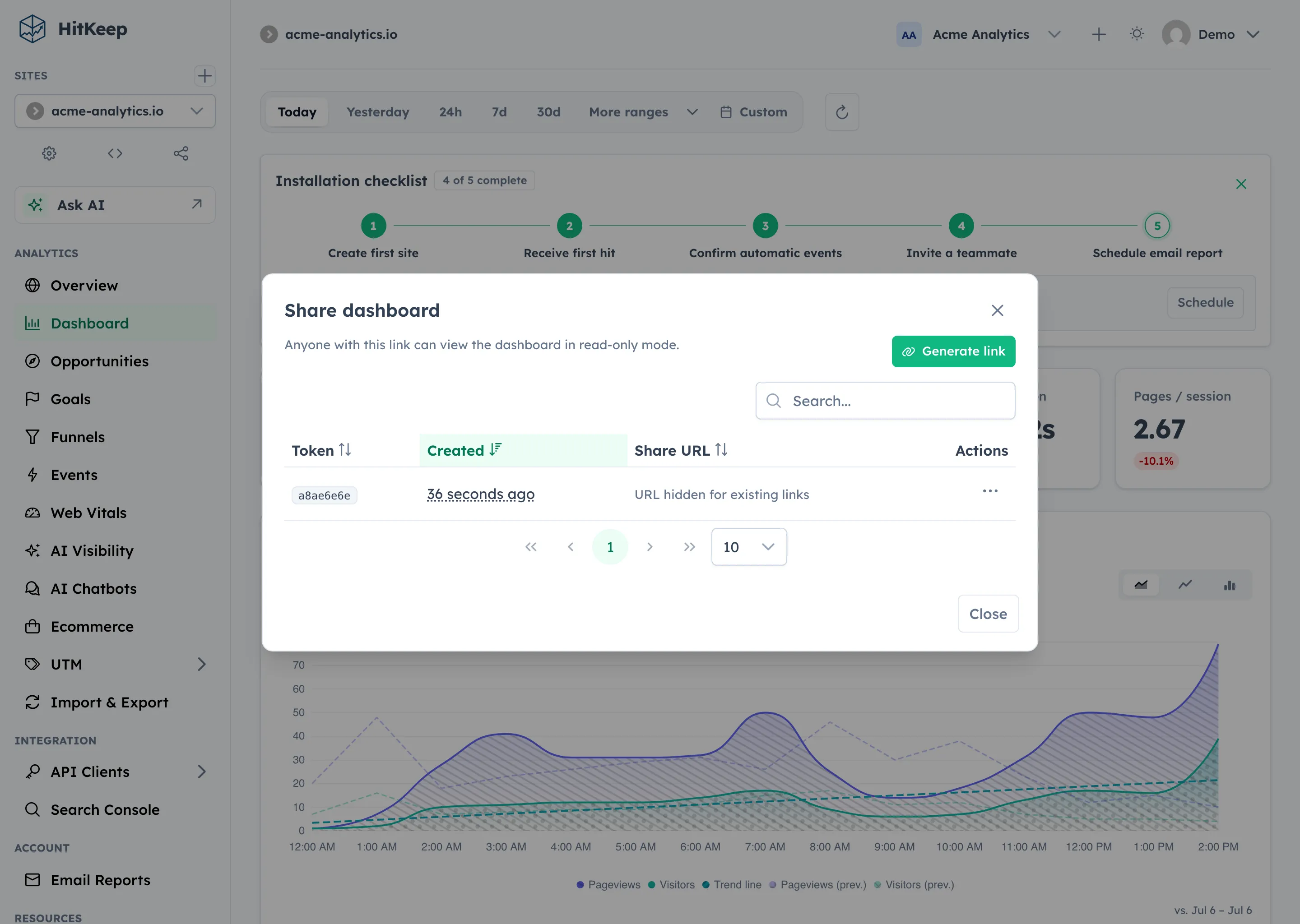 HitKeep shareable dashboard — read-only share link management