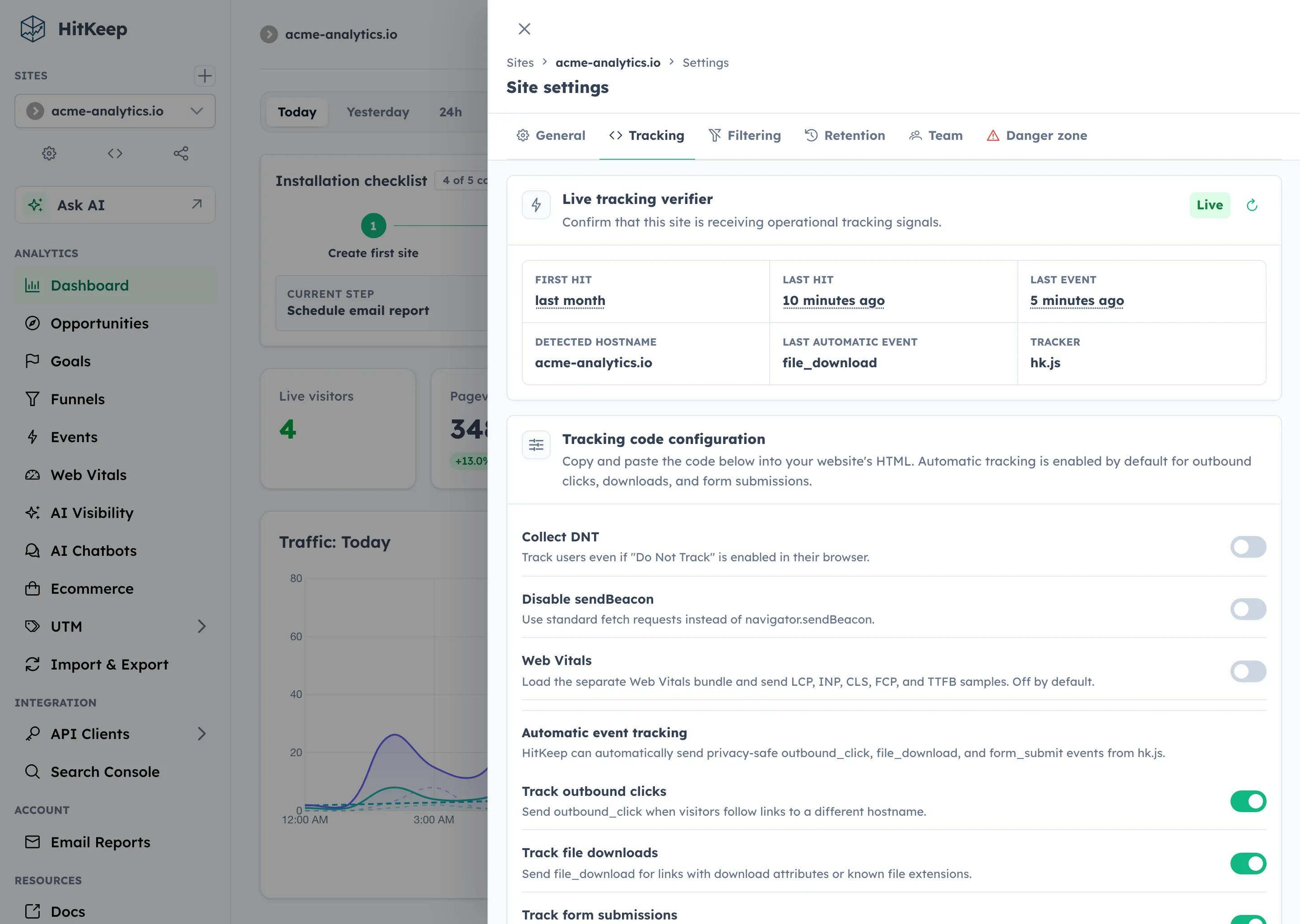 HitKeep tracking verifier showing site tracking status and recent tracker checks
