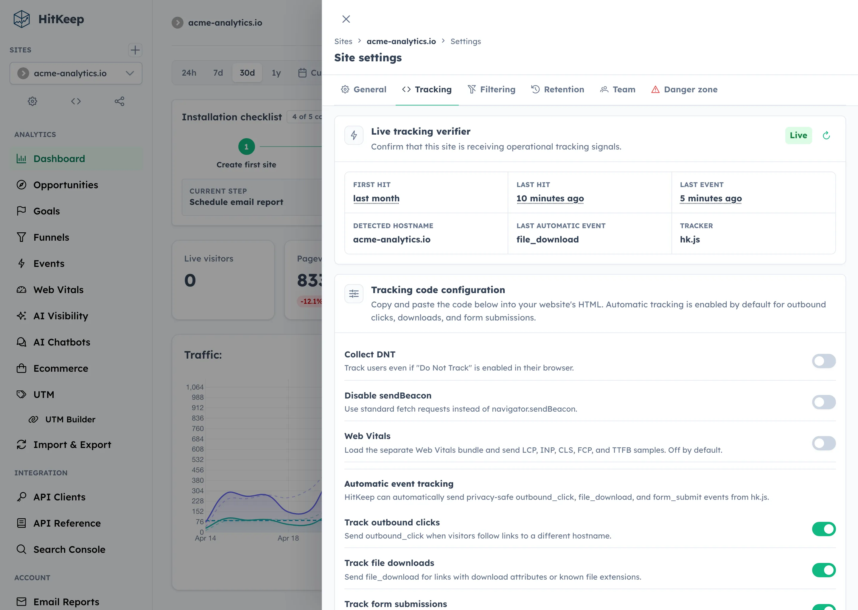 HitKeep Site Settings tracking verifier showing live tracking status, first hit, last hit, detected hostname, automatic event, and tracker source