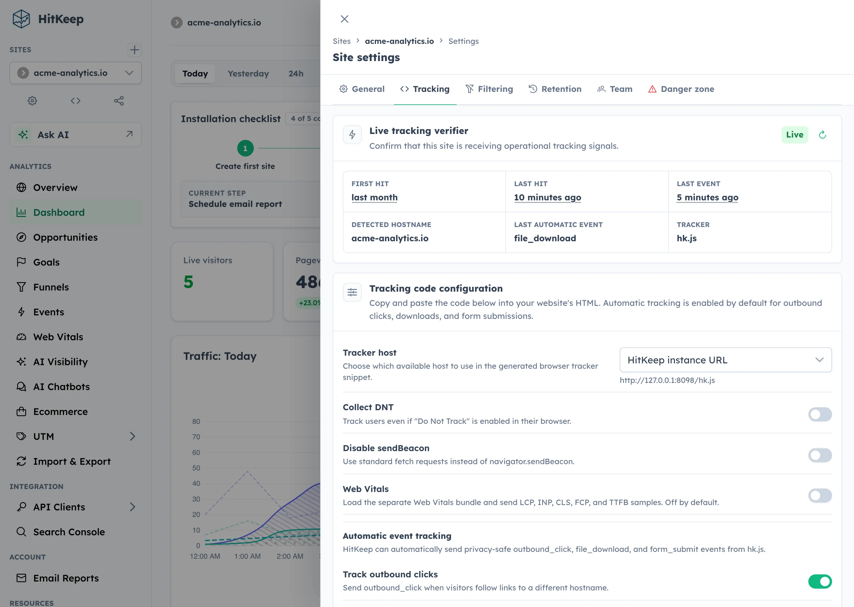 HitKeep tracking verifier showing site tracking status and recent tracker checks