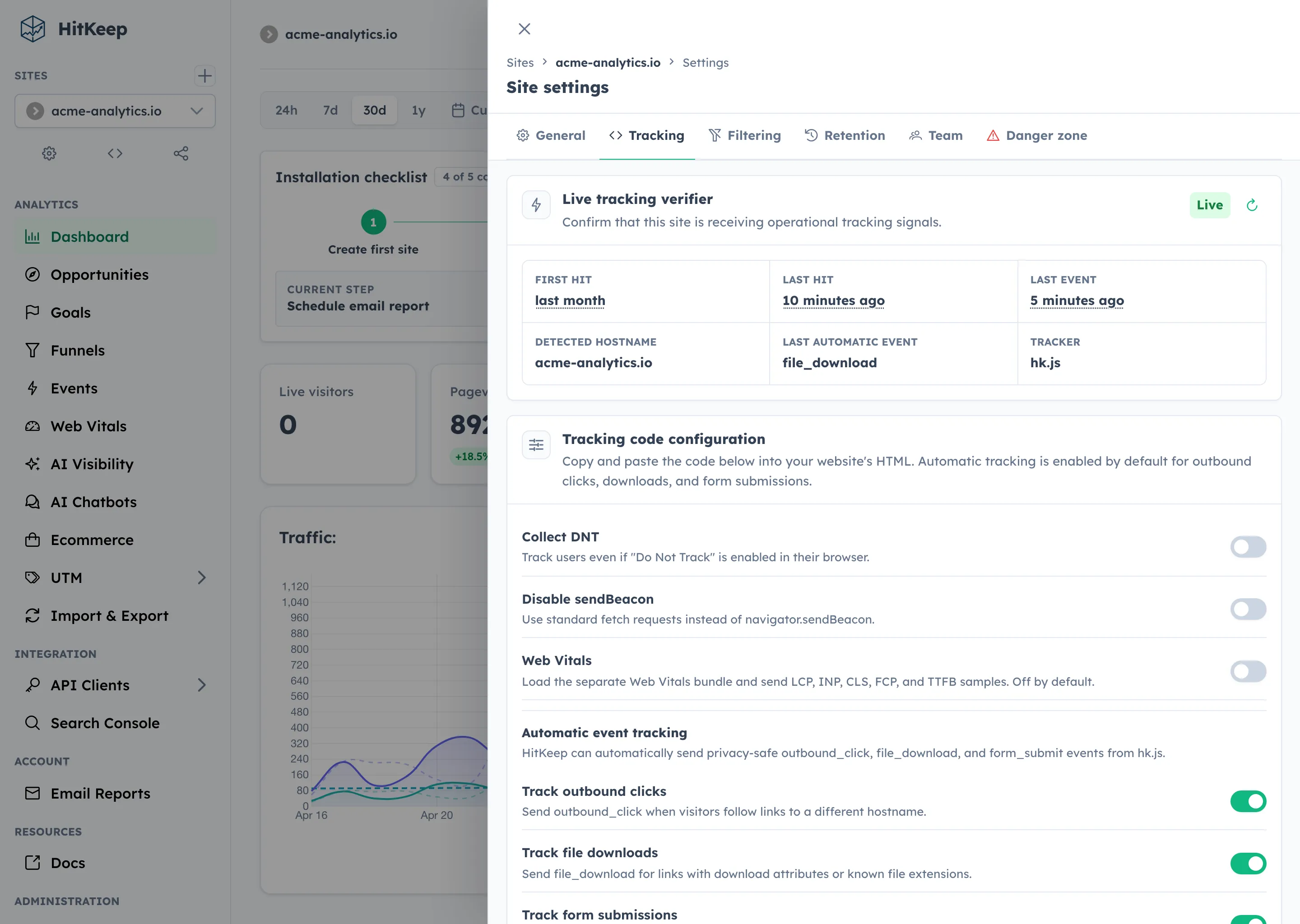 HitKeep tracking verifier showing site tracking status and recent tracker checks