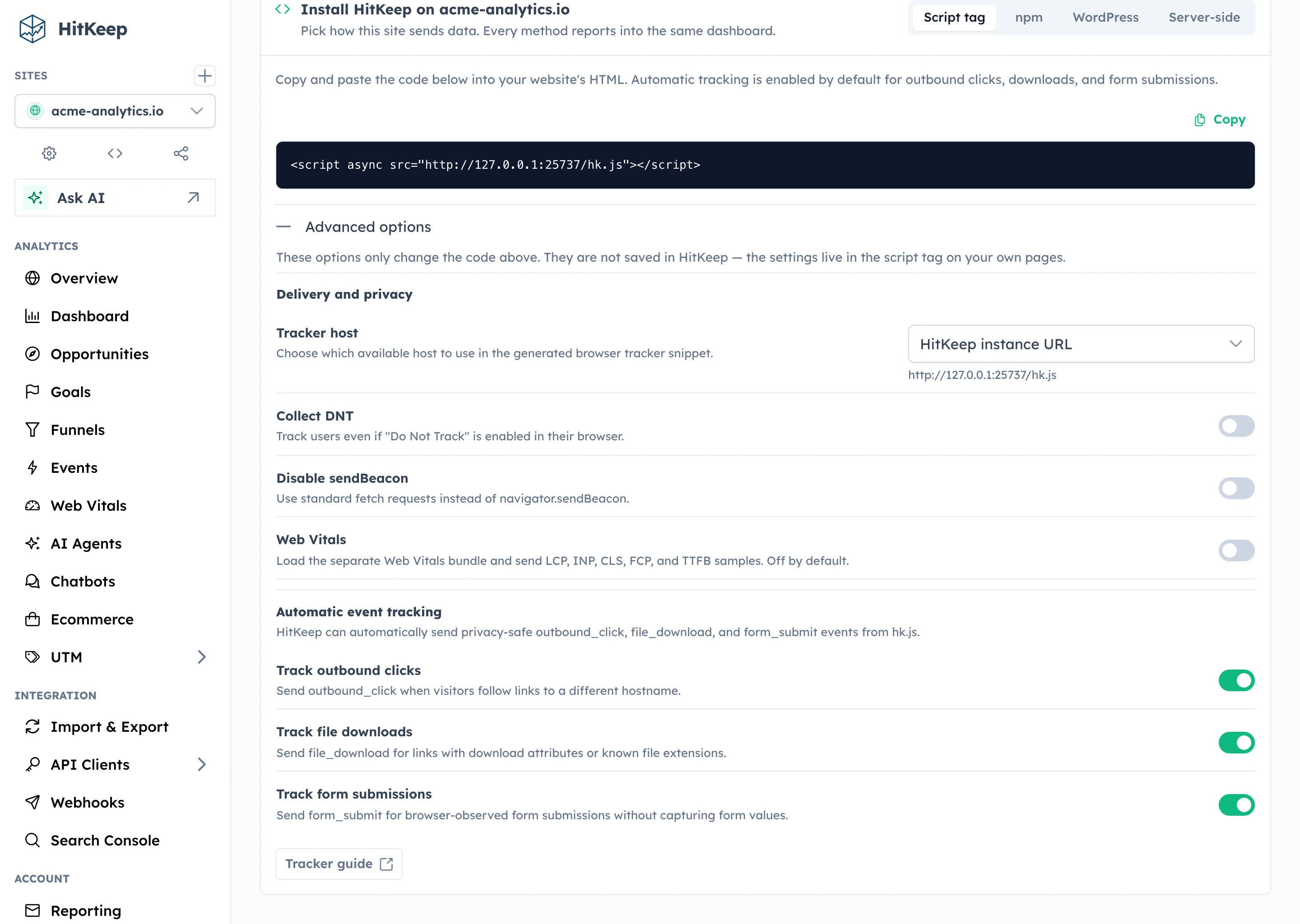 Tracking settings with automatic event toggles