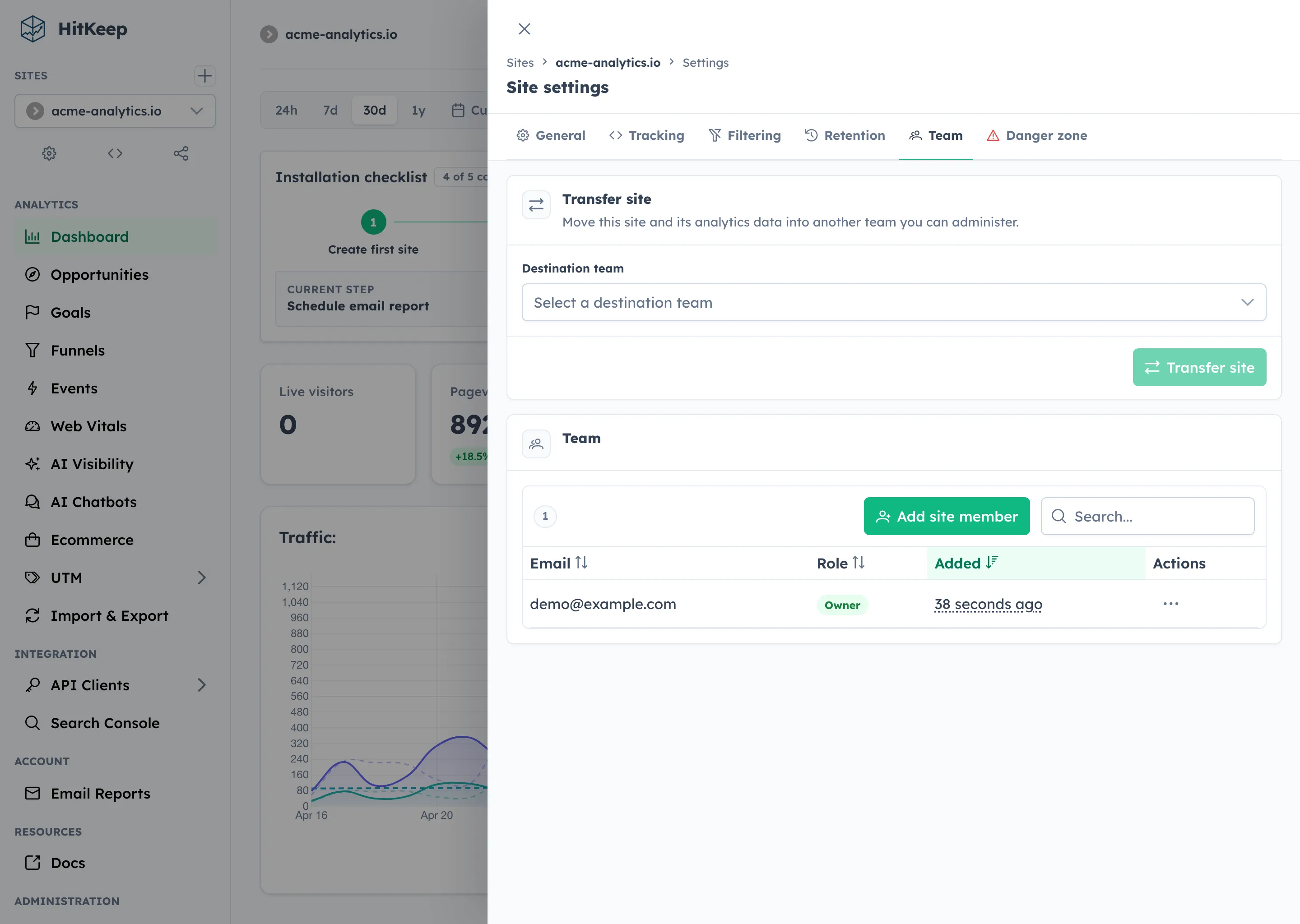HitKeep site transfer form inside the site team settings tab