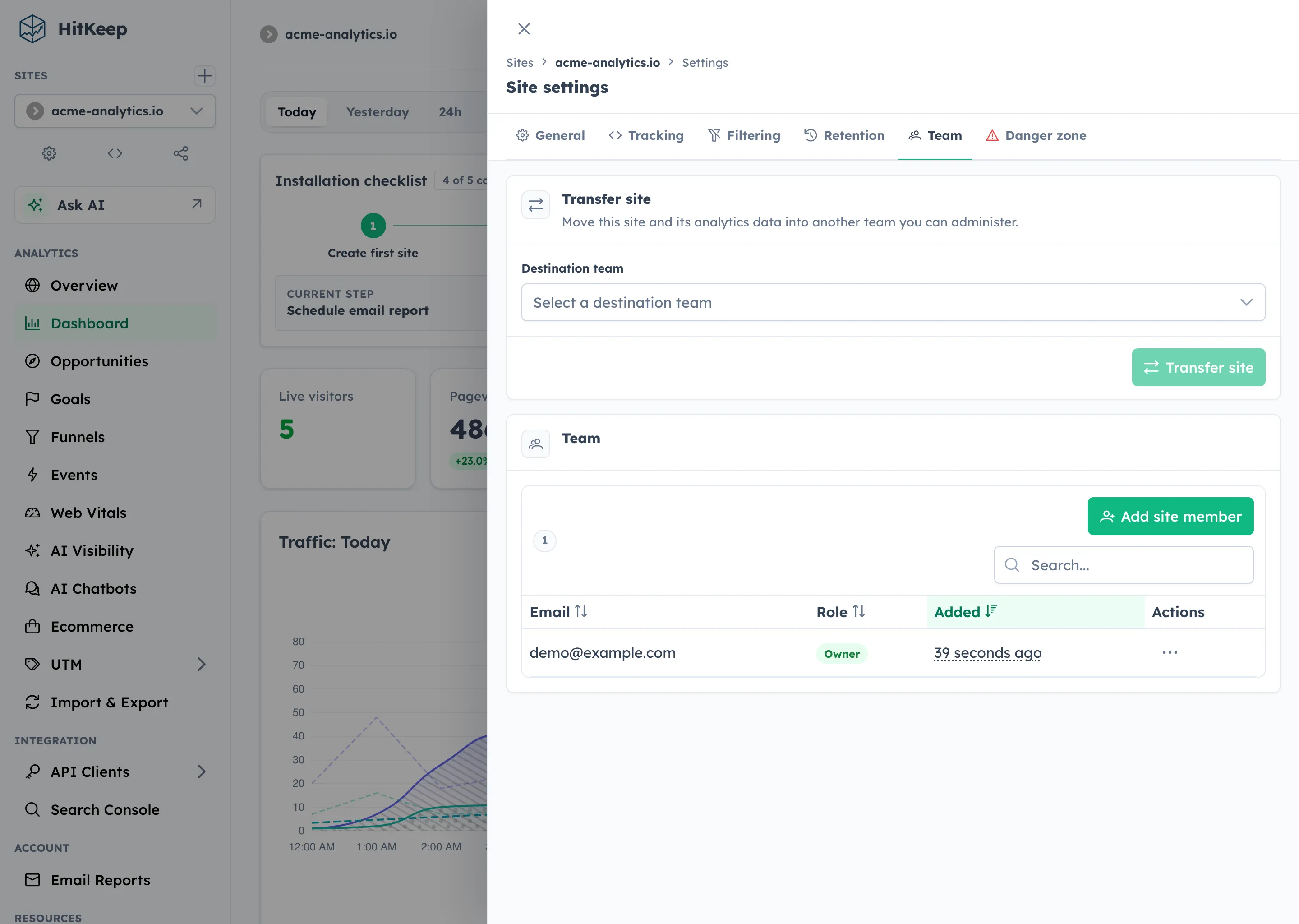 HitKeep site transfer form inside the site team settings tab