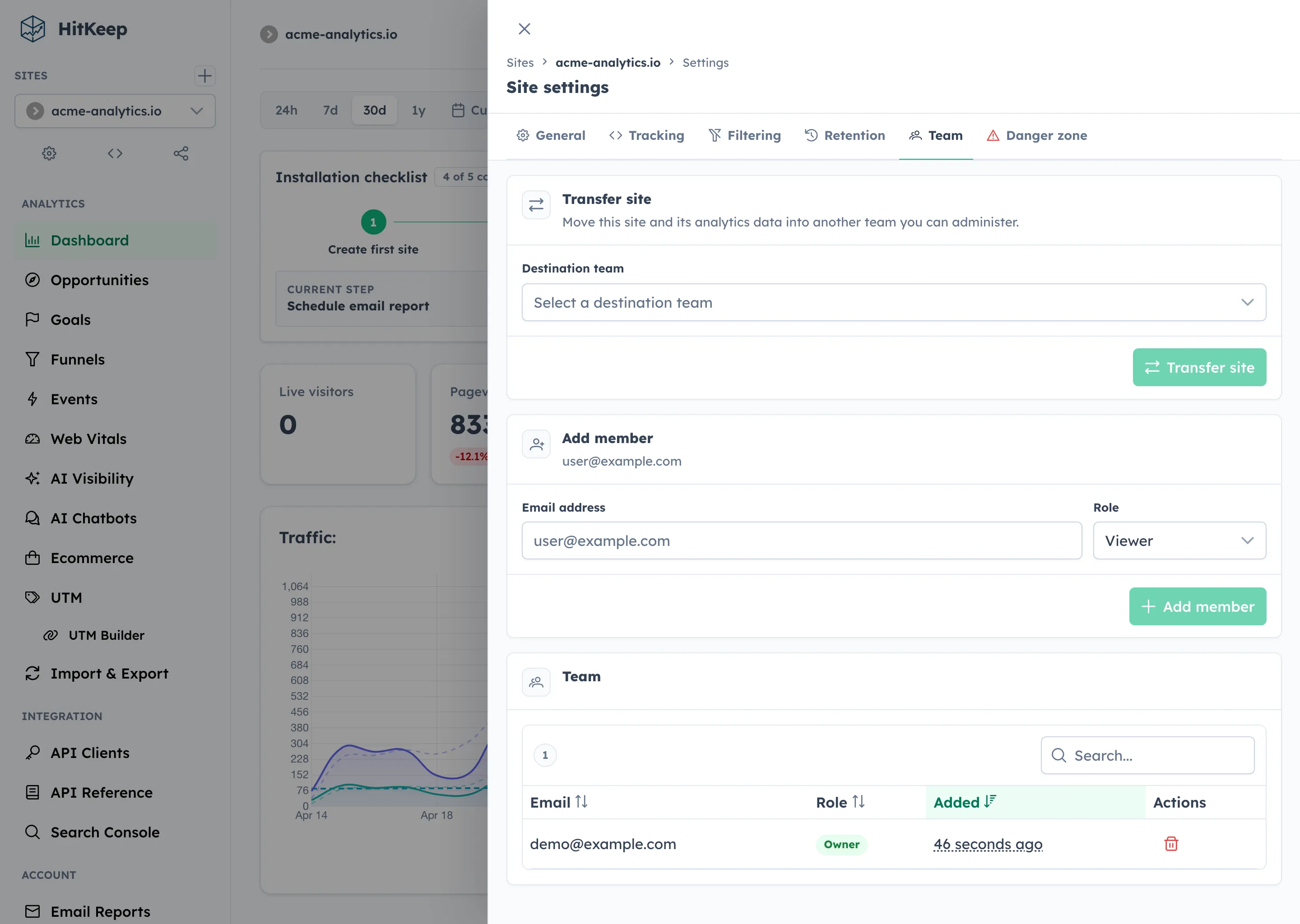 HitKeep site transfer form inside the site team settings tab