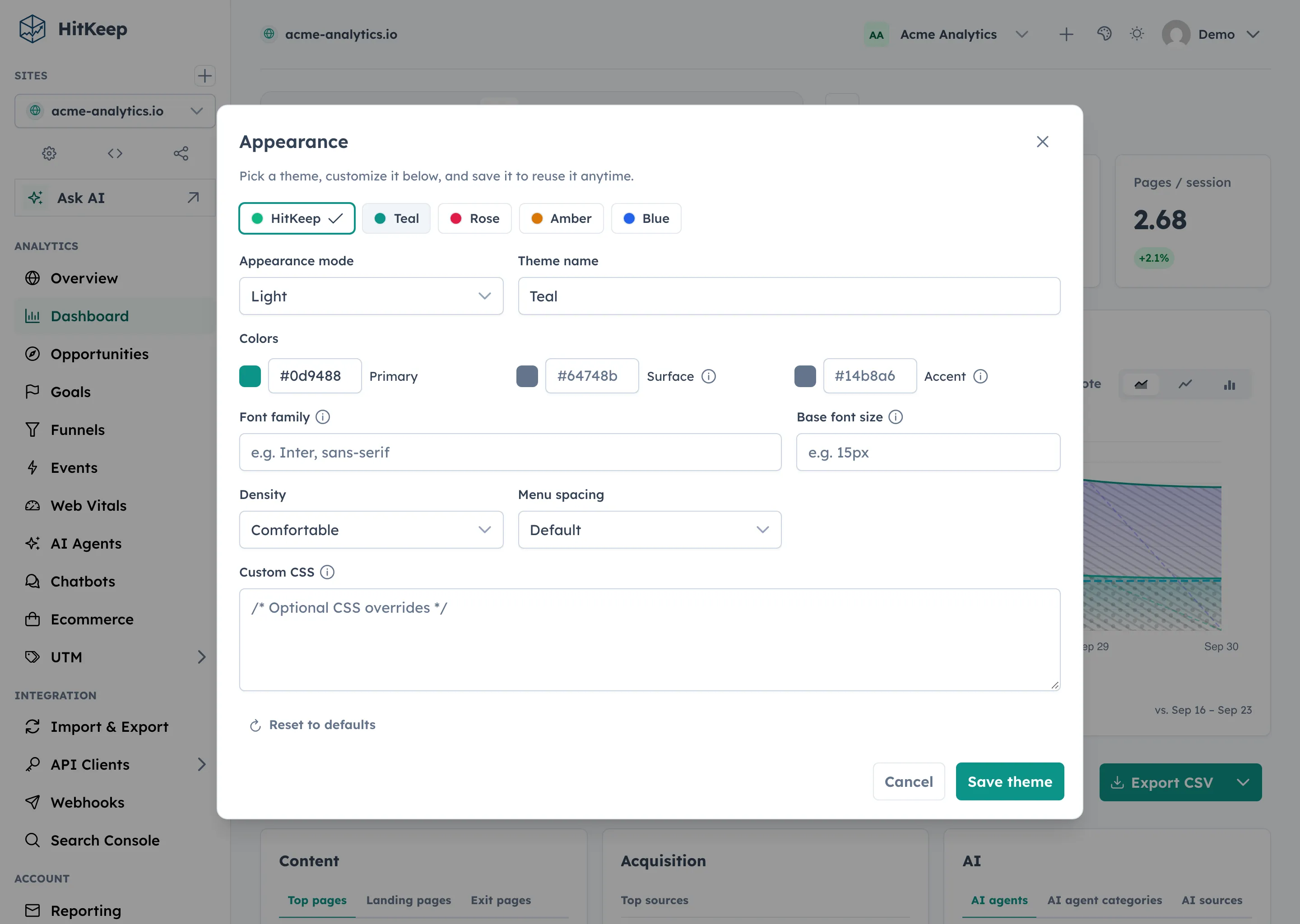 HitKeep Appearance dialog with theme presets, appearance mode, primary, surface, and accent colors, font settings, density, menu spacing, and custom CSS