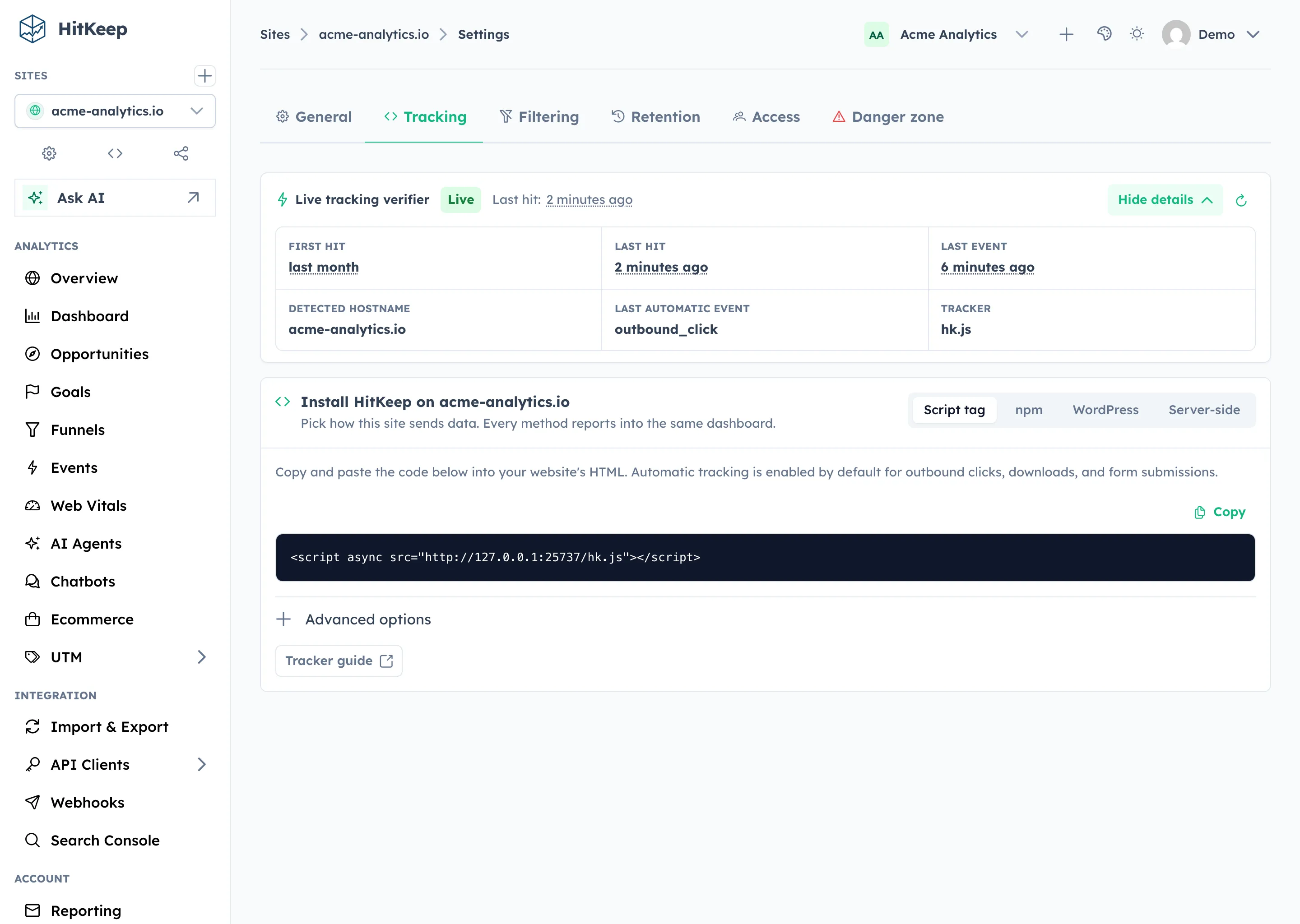 HitKeep Site Settings tracking verifier showing live tracking status, first hit, last hit, detected hostname, automatic event, and tracker source