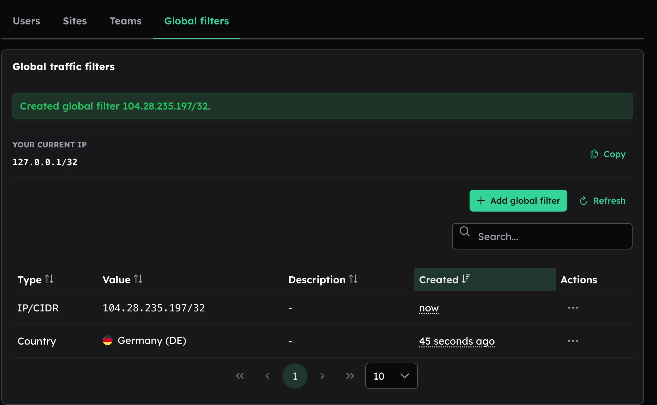 HitKeep Global Filters table showing IP/CIDR and country traffic exclusion rules