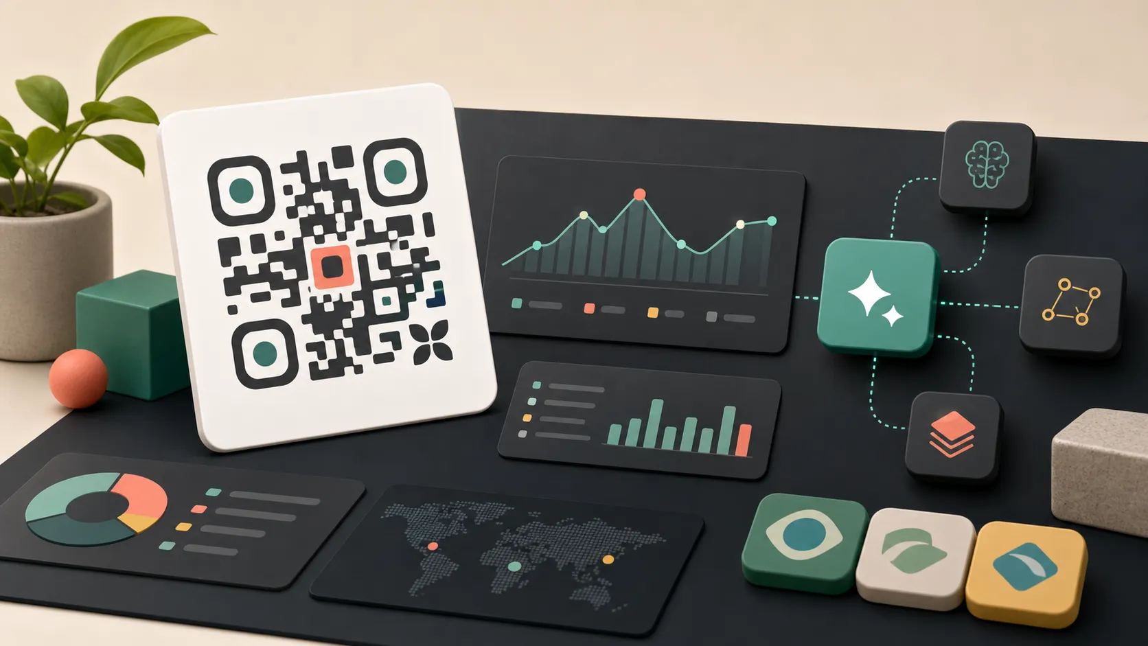 Illustrated HitKeep release scene with a QR campaign card, analytics charts, AI nodes, and localization tiles