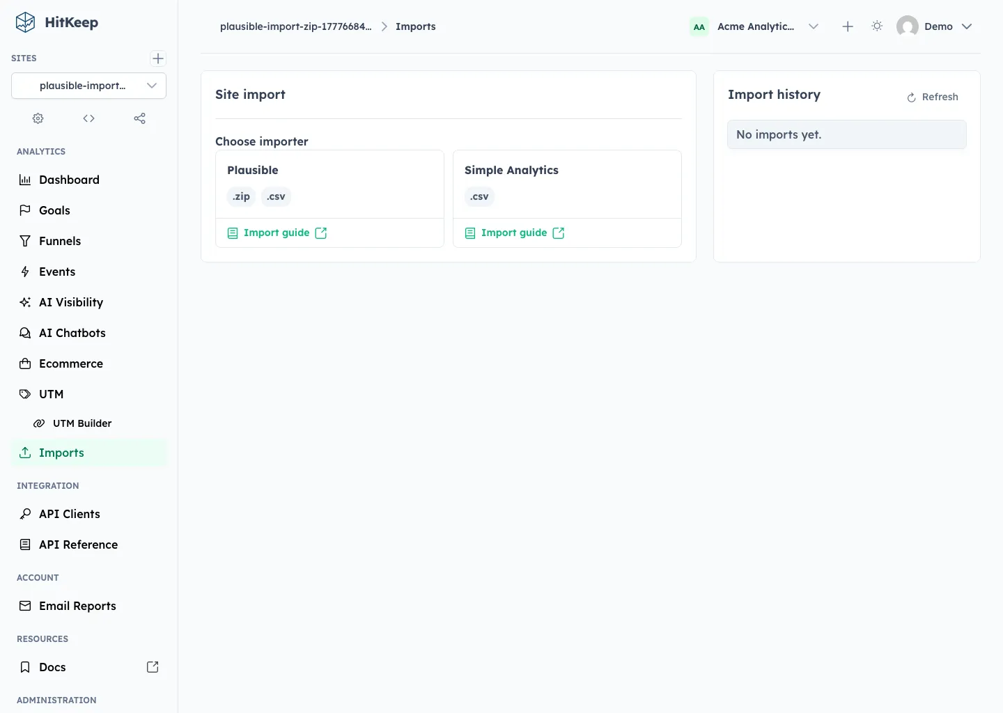 HitKeep Imports page showing Plausible and Simple Analytics importer choices