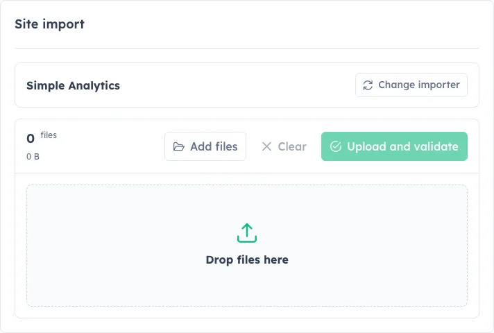 HitKeep Imports page with Simple Analytics selected and the CSV upload drop zone visible