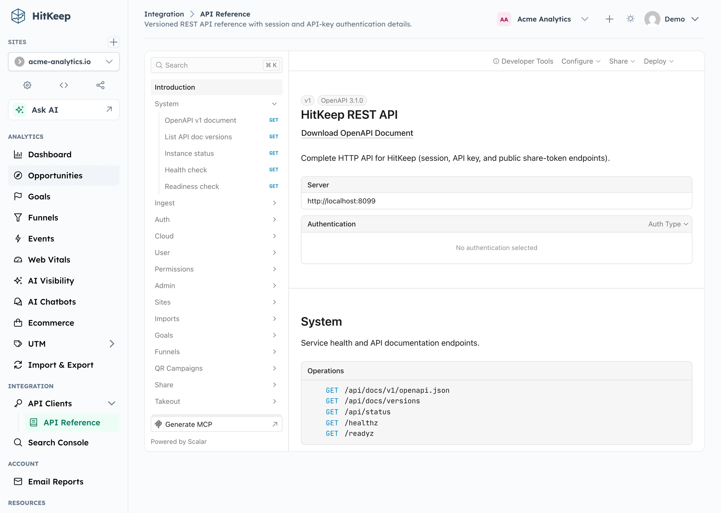 HitKeep built-in API reference with interactive endpoint documentation