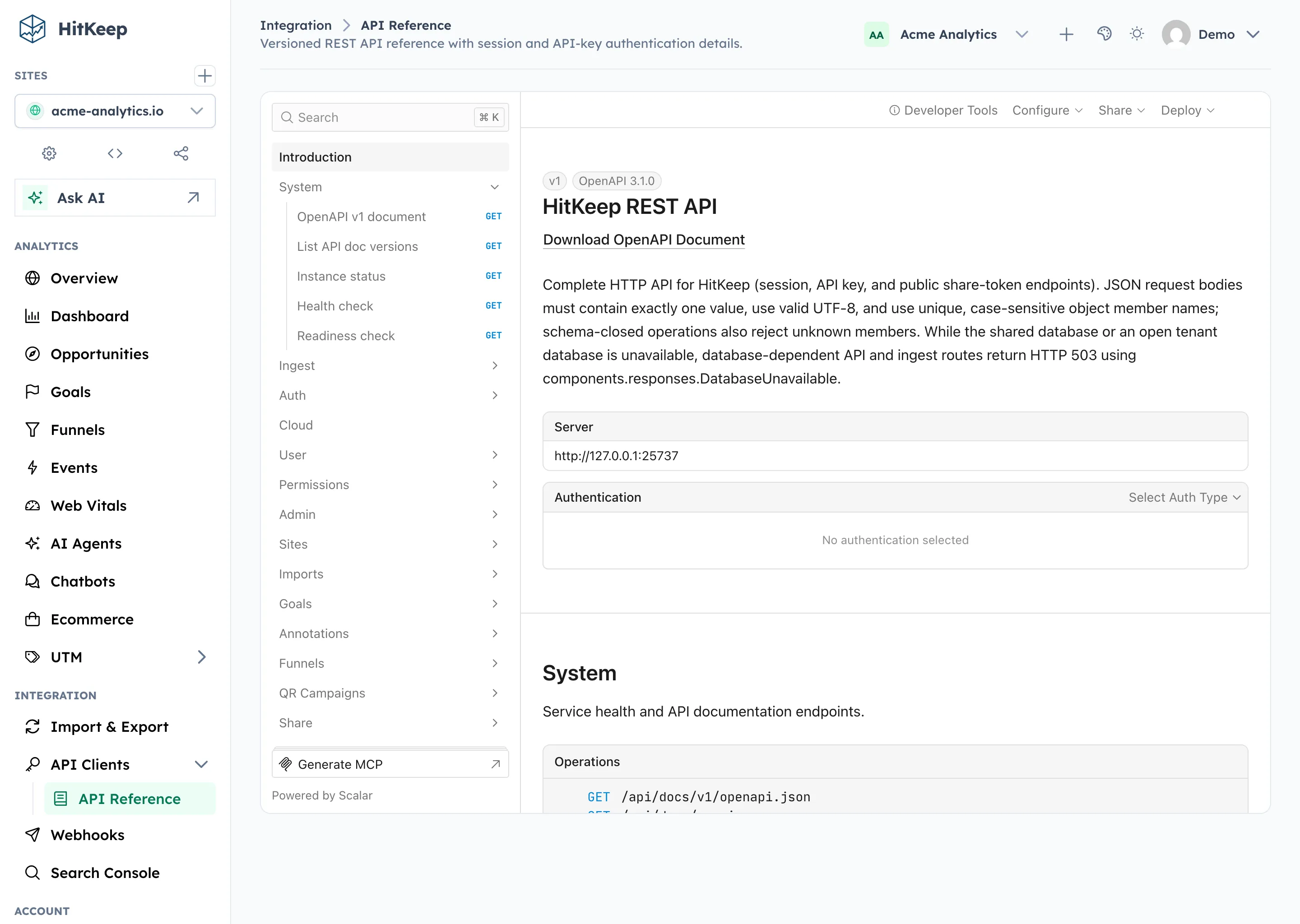 HitKeep built-in API reference with interactive endpoint documentation