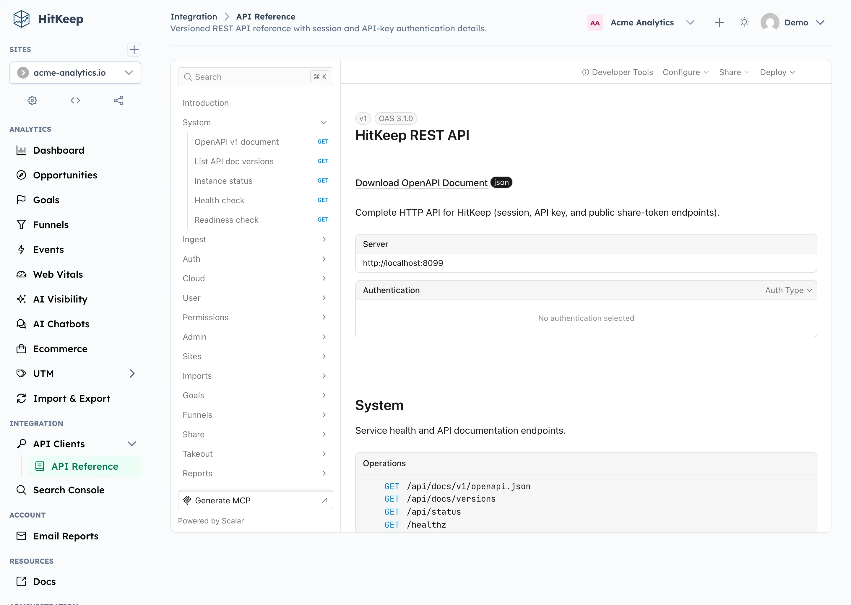 HitKeep built-in API reference with interactive endpoint documentation