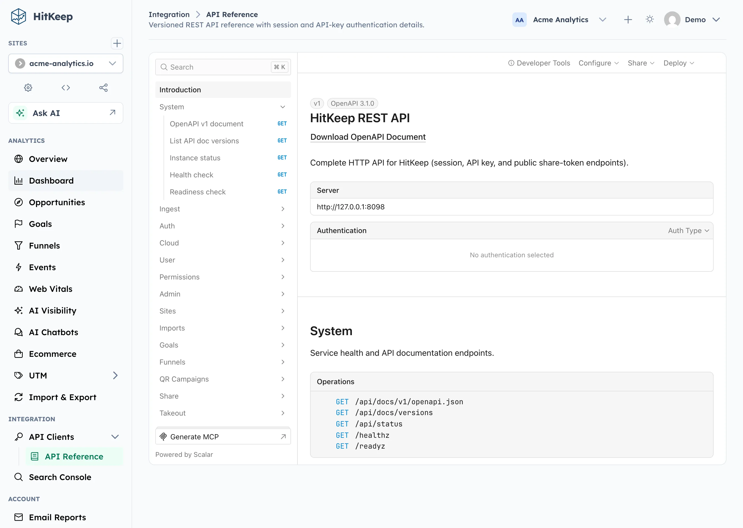 HitKeep built-in API reference with interactive endpoint documentation