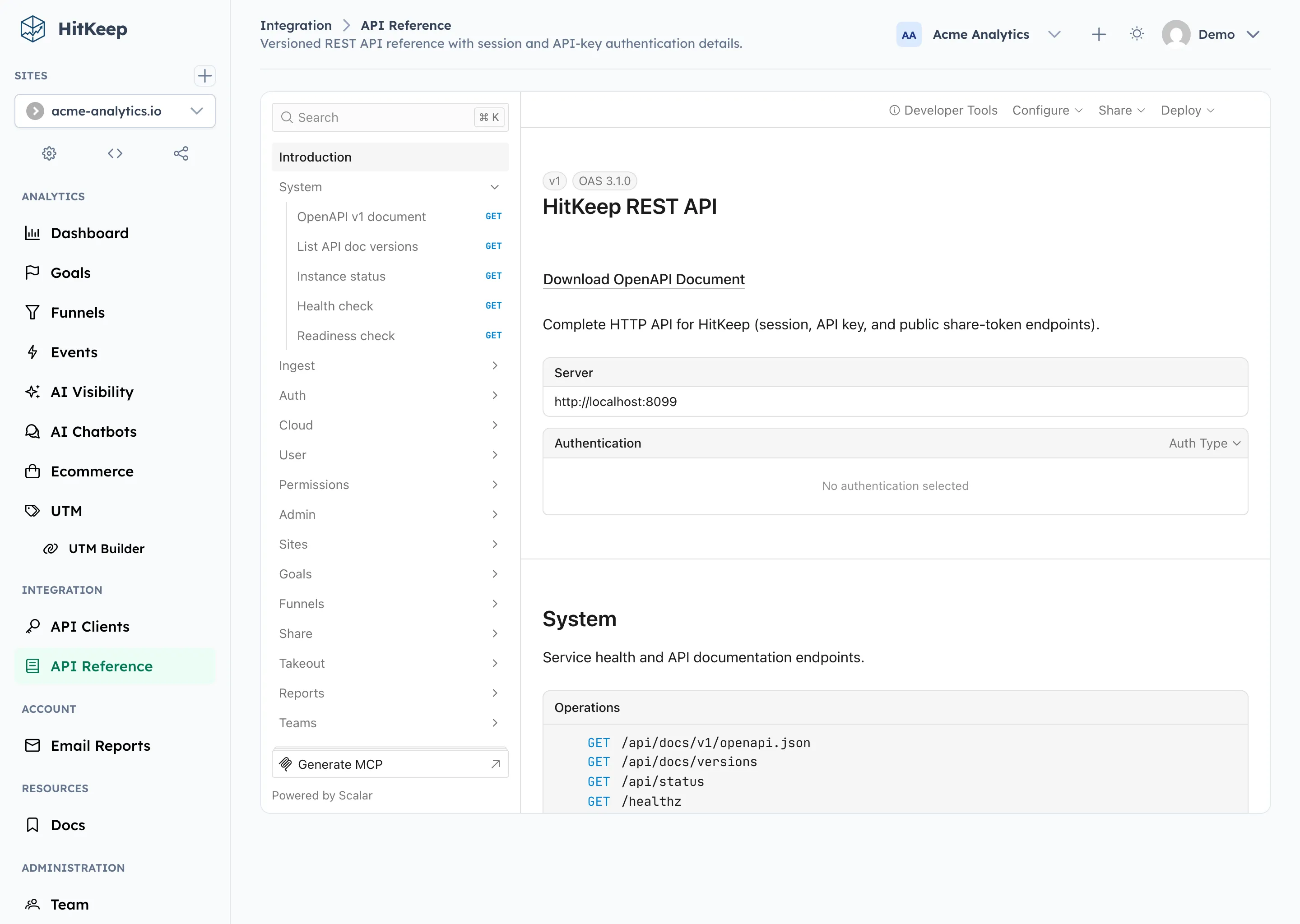 HitKeep built-in API reference with interactive endpoint documentation