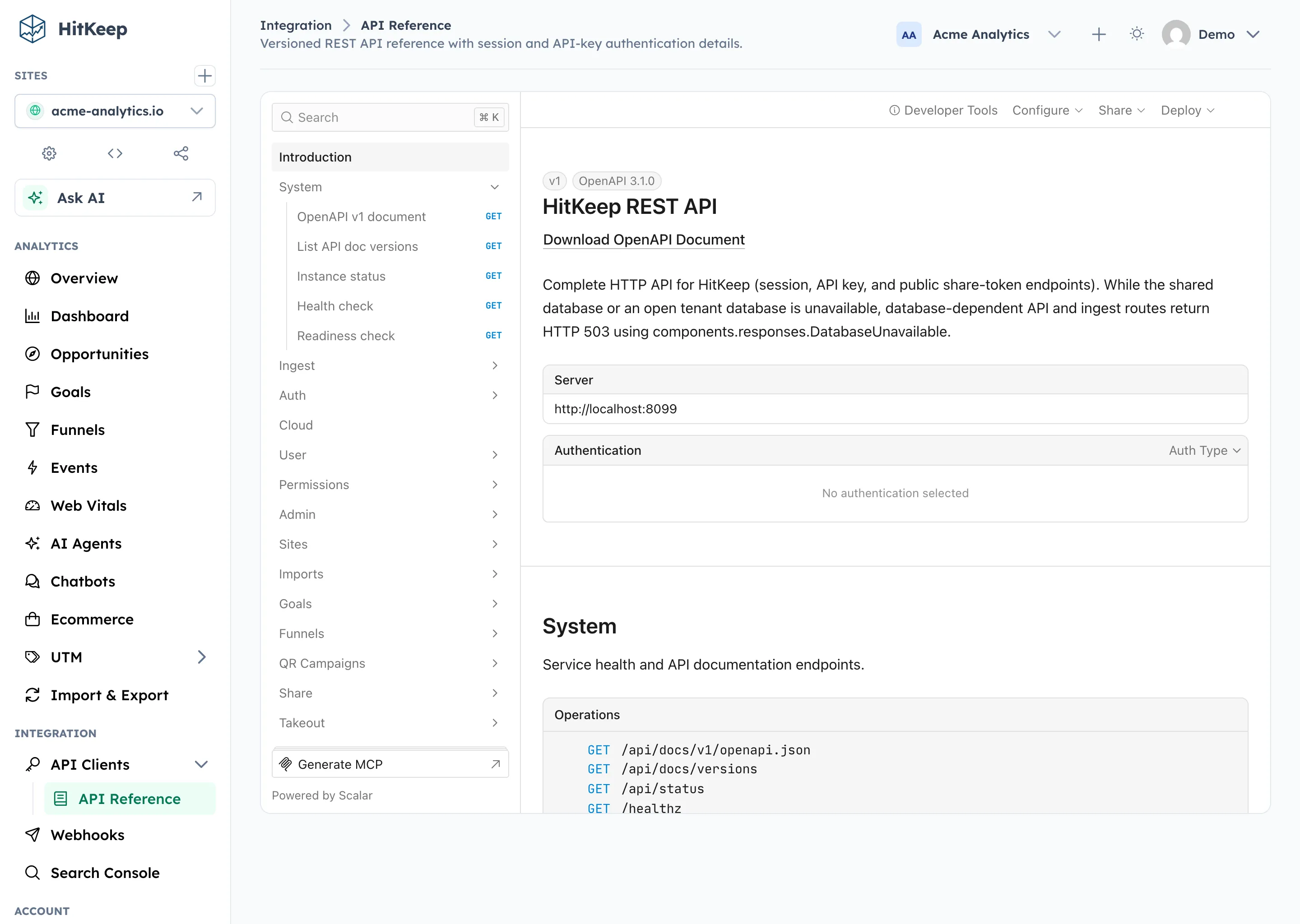 HitKeep built-in API reference with interactive endpoint documentation