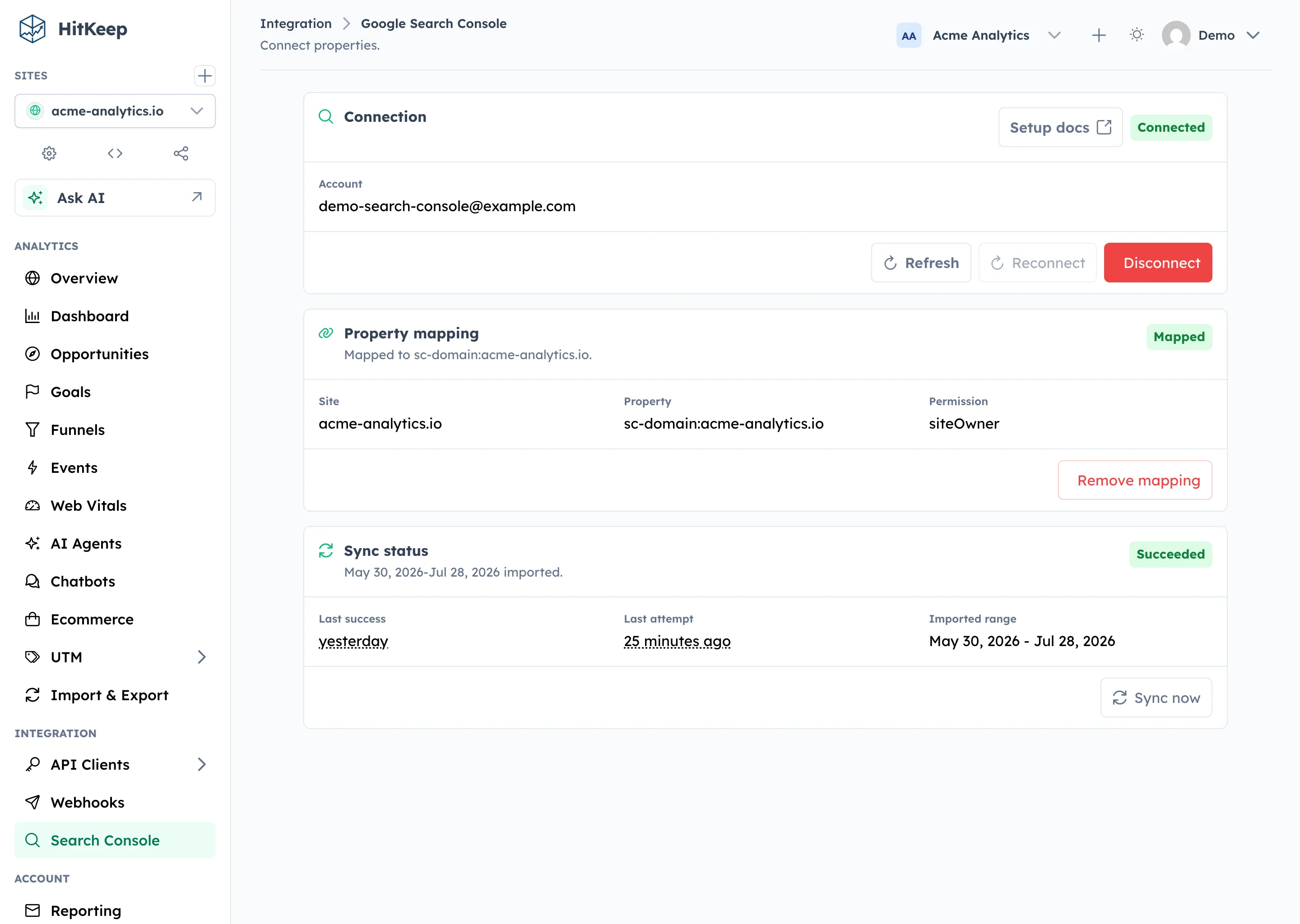 HitKeep Google Search Console integration page showing a connected account, mapped property, sync status, and manual sync action