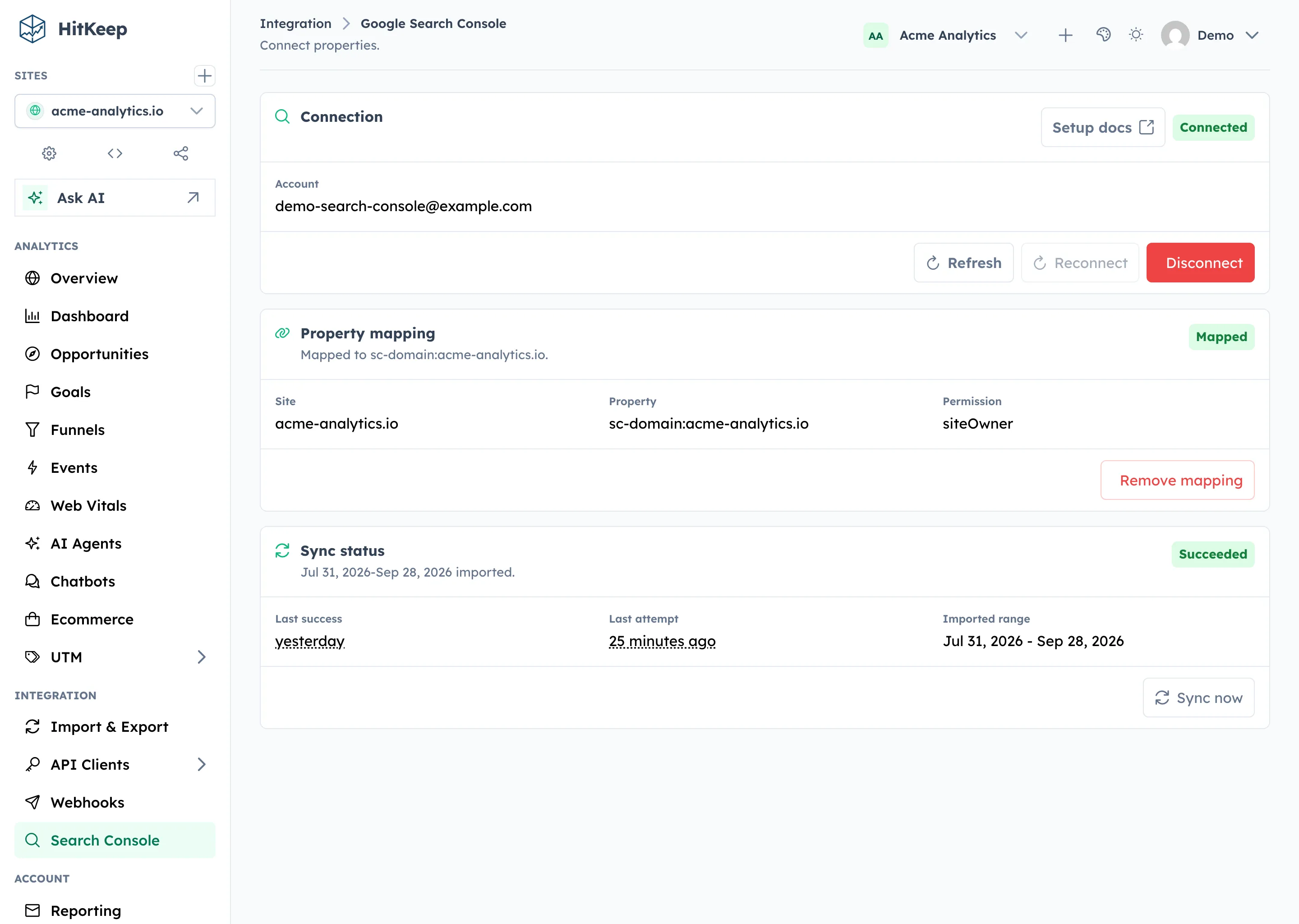 HitKeep Google Search Console integration page showing a connected account, mapped property, sync status, and manual sync action