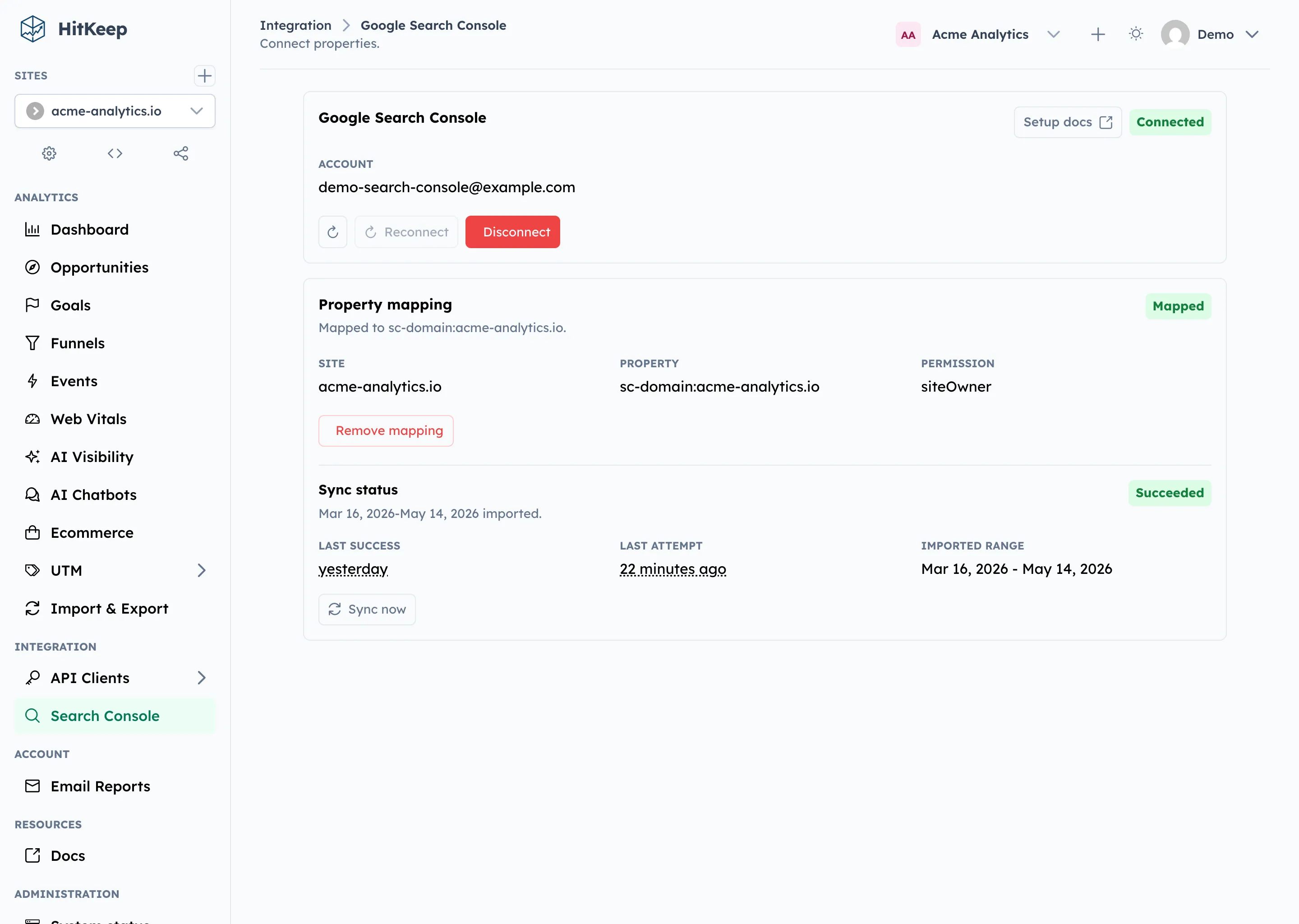 HitKeep Google Search Console integration page showing a connected account, mapped property, sync status, and manual sync action