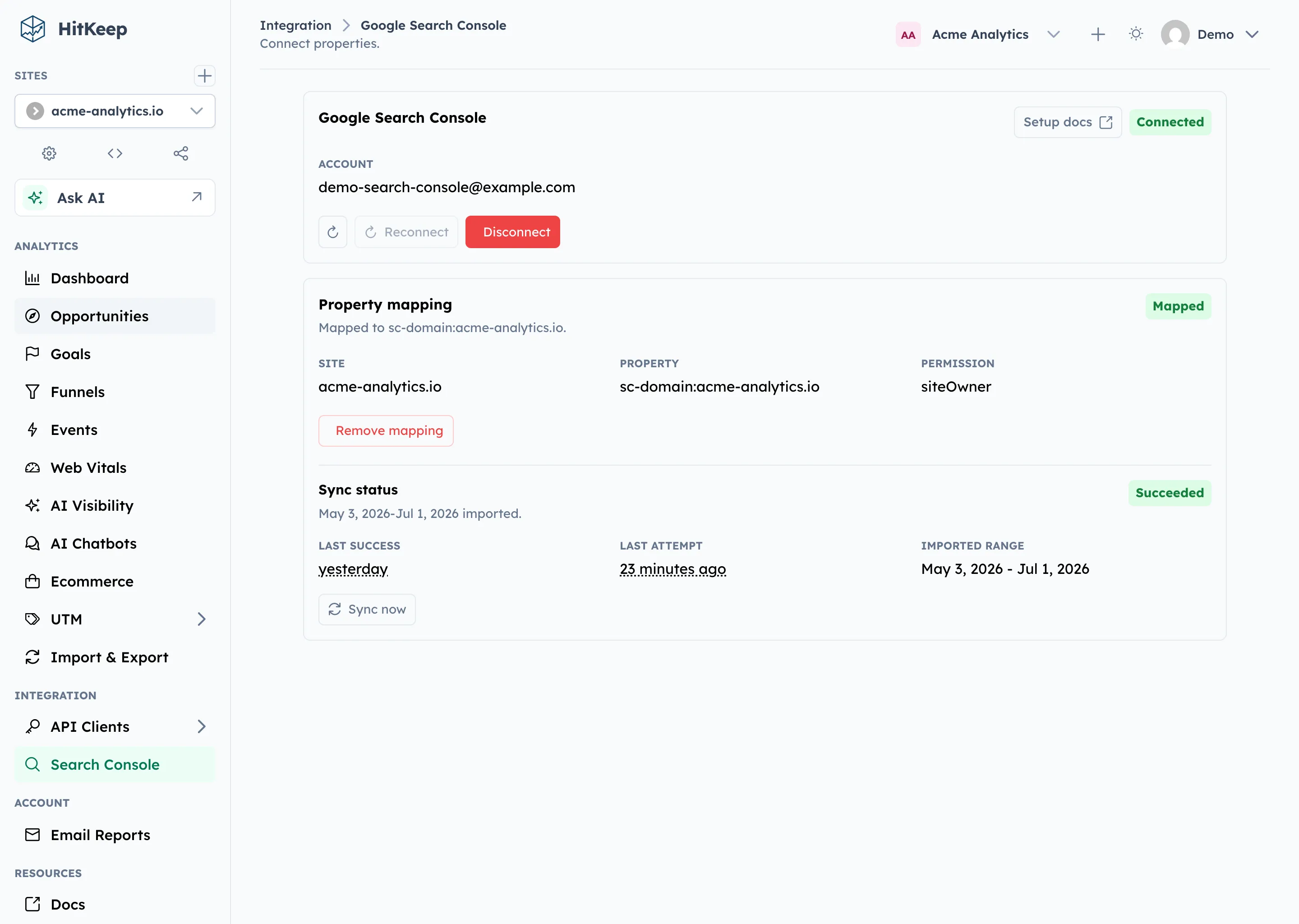 HitKeep Google Search Console integration page showing a connected account, mapped property, sync status, and manual sync action