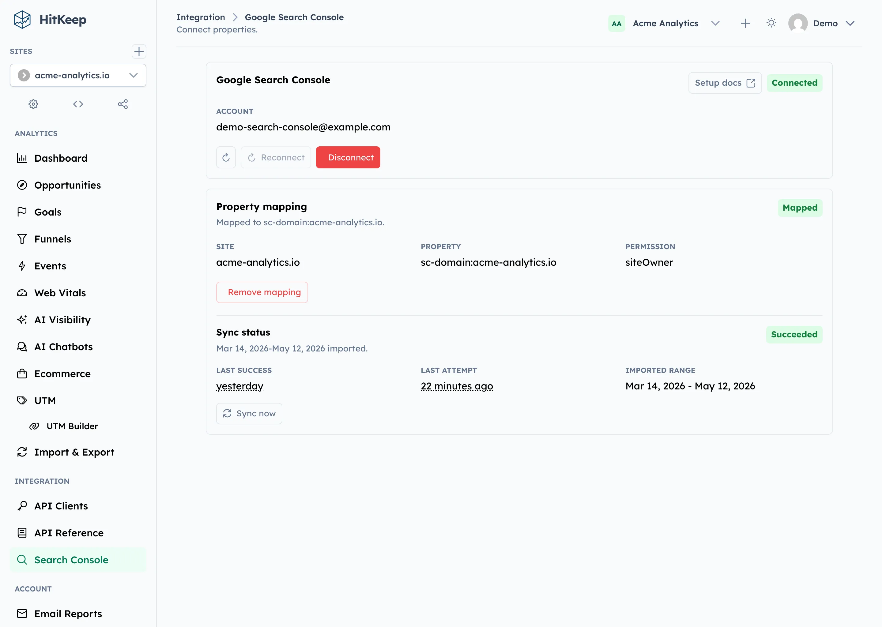 HitKeep Google Search Console integration page showing a connected account, mapped property, sync status, and manual sync action