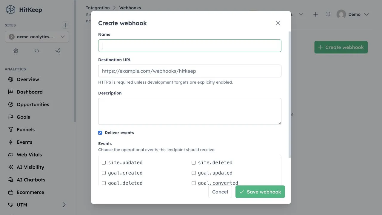 HitKeep Create webhook dialog with name, destination URL, description, enabled state, and site event checkboxes