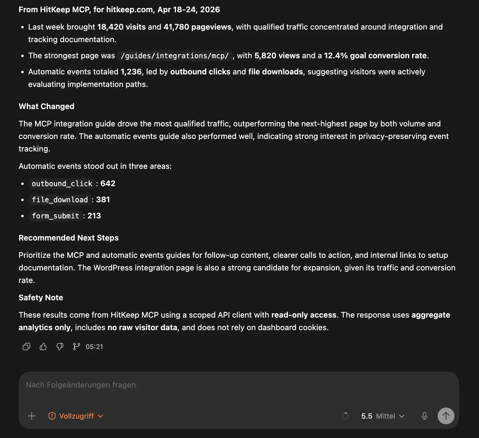 AI assistant showing a HitKeep MCP analytics summary with aggregate page, event, and access-scope details