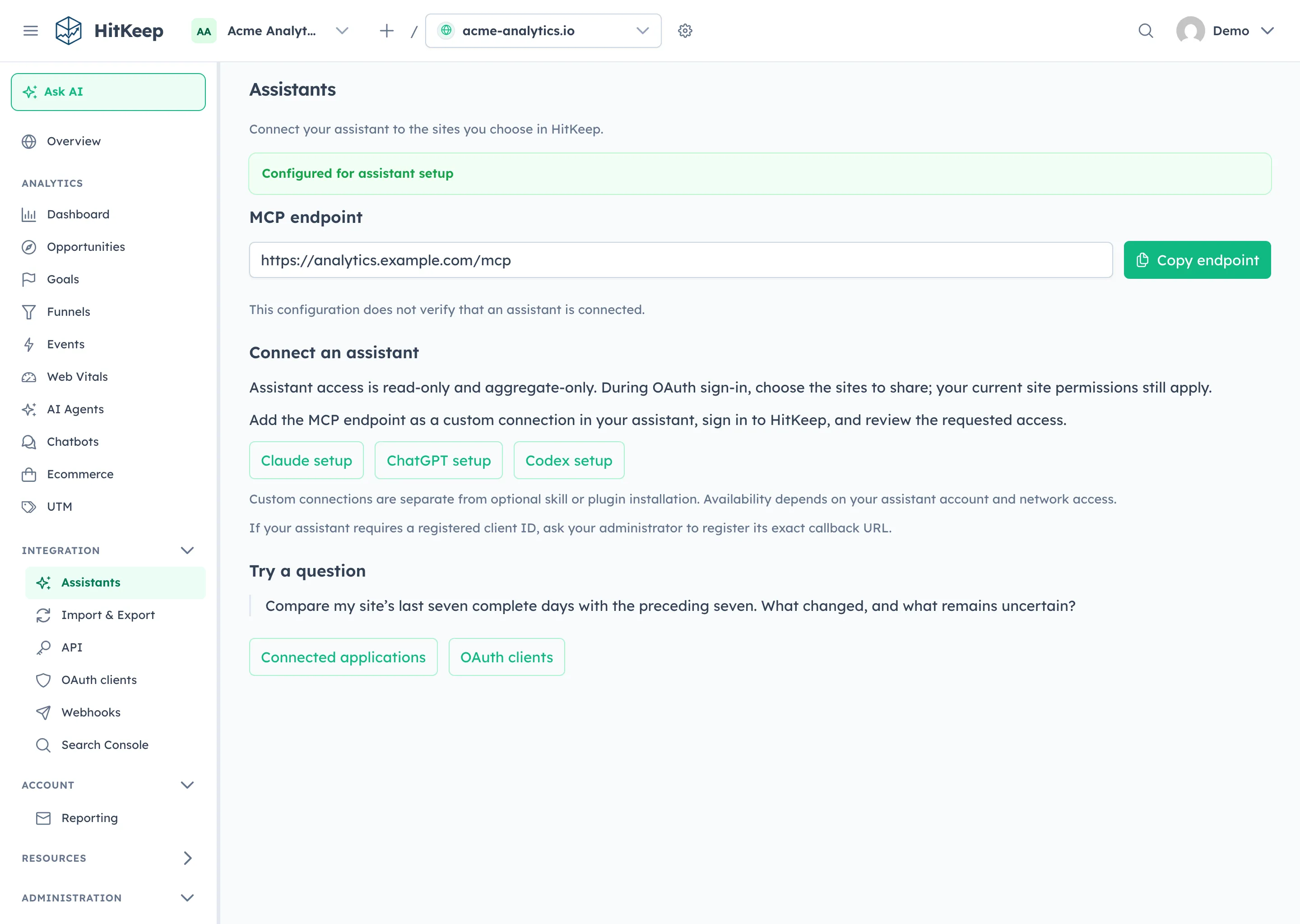 HitKeep Assistants page showing the MCP endpoint and setup links for Claude, ChatGPT, and Codex