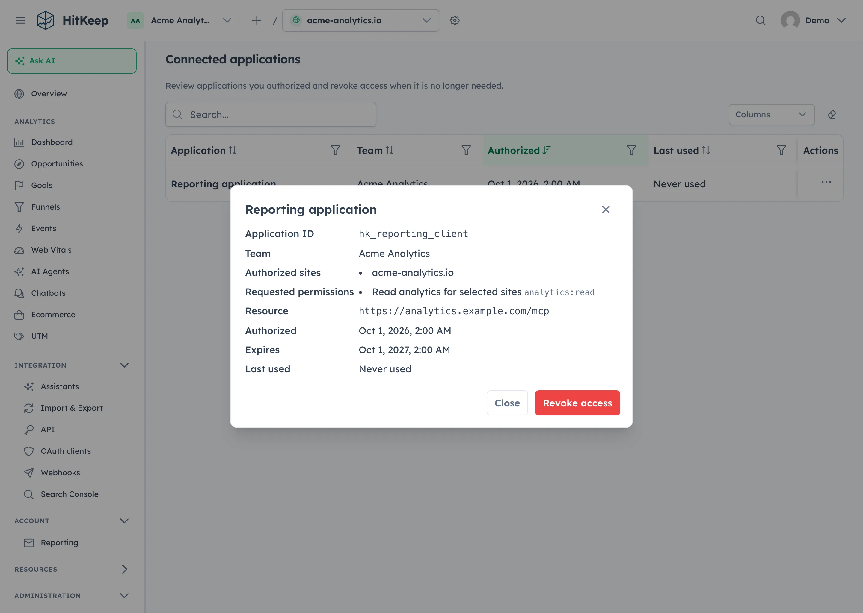 Connected application details dialog for reviewing personal OAuth access and disconnecting an application