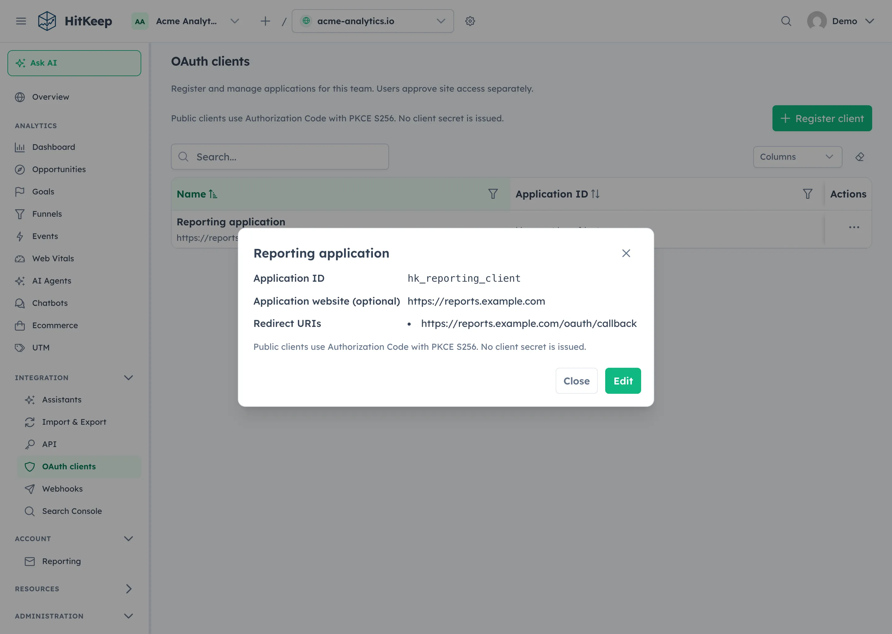 OAuth client details dialog with its public client ID and exact HTTPS callback URL