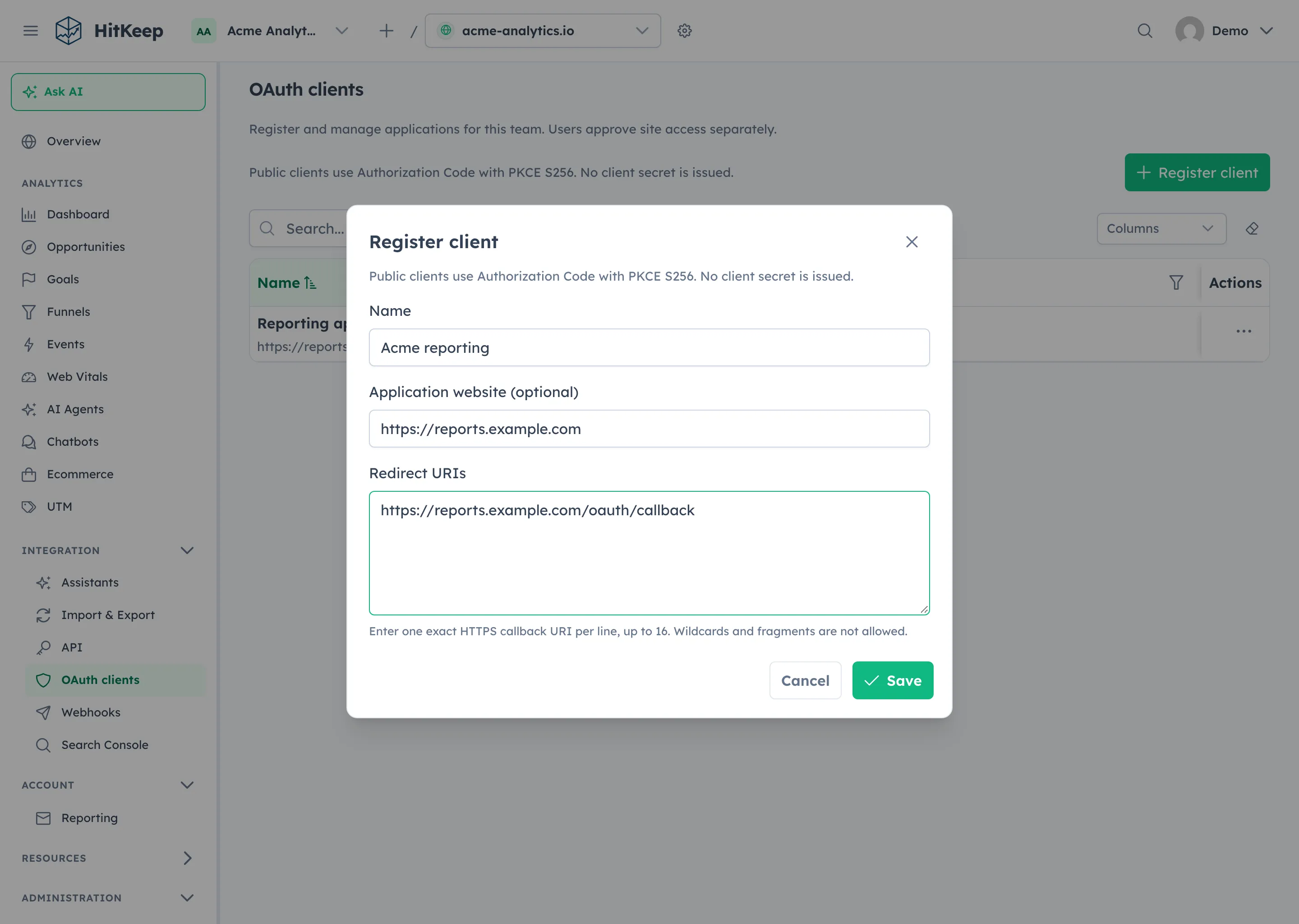 Register client dialog with a display name, optional HTTPS application website, and an exact HTTPS callback URL