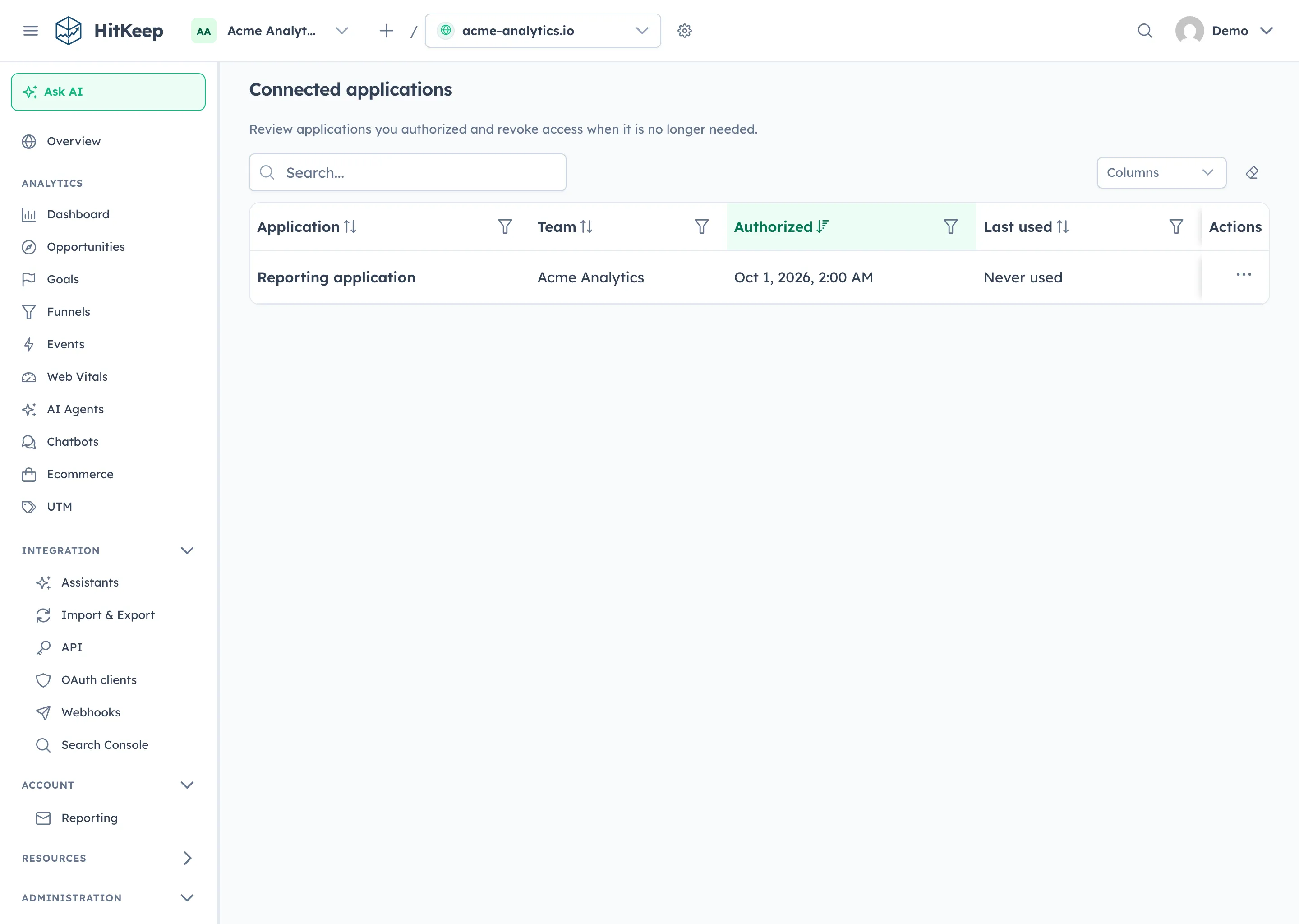 HitKeep Connected applications list for reviewing and revoking assistant grants