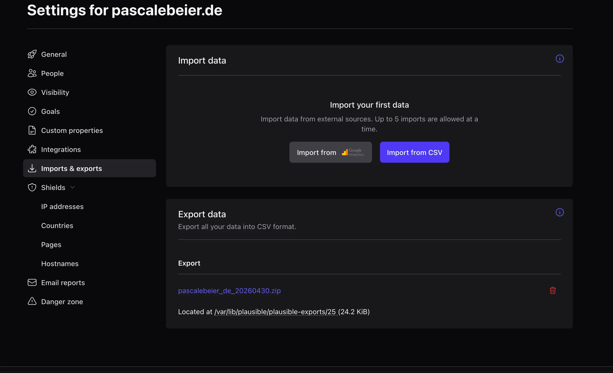 Plausible Imports and exports settings showing the Export data ZIP download option