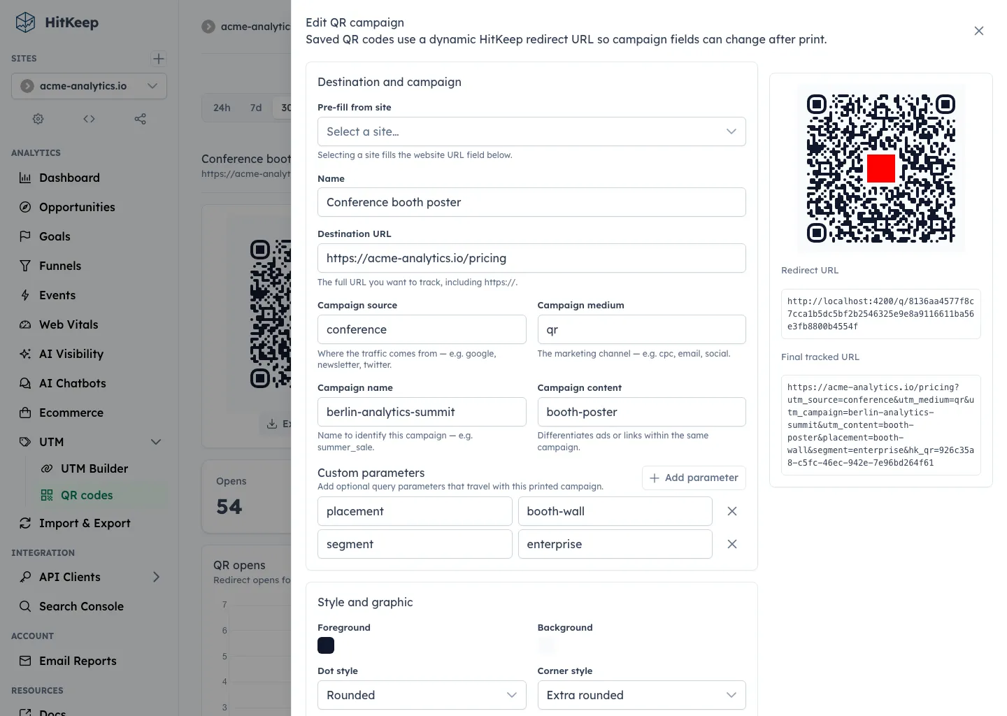 HitKeep QR campaign editor with destination fields, UTM campaign fields, custom parameters, style controls, image upload, QR preview, redirect URL, and final tracked URL