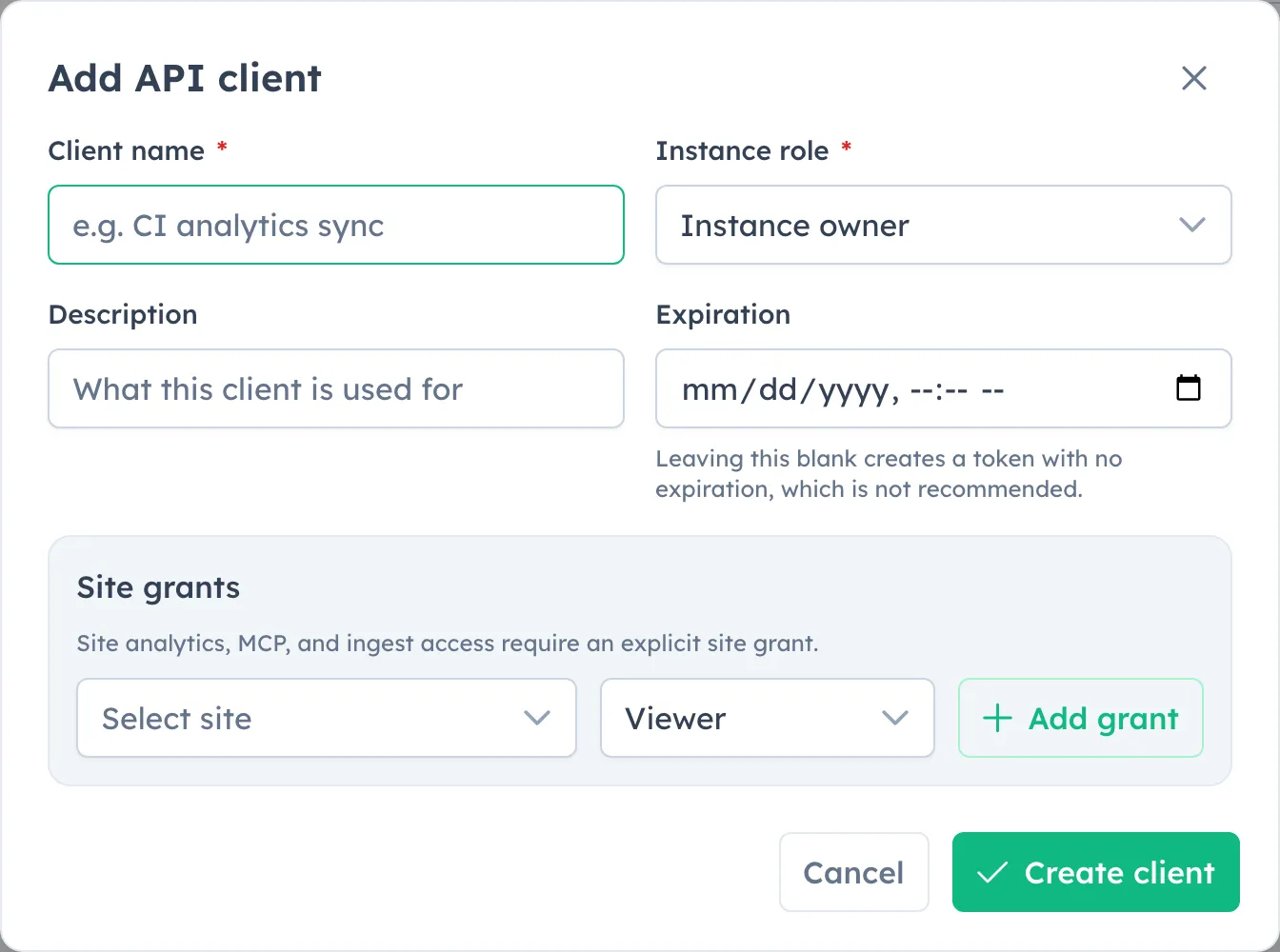 HitKeep Add API client dialog showing client name, instance role, expiration, explicit site grants, role selector, add grant, cancel, and create client controls
