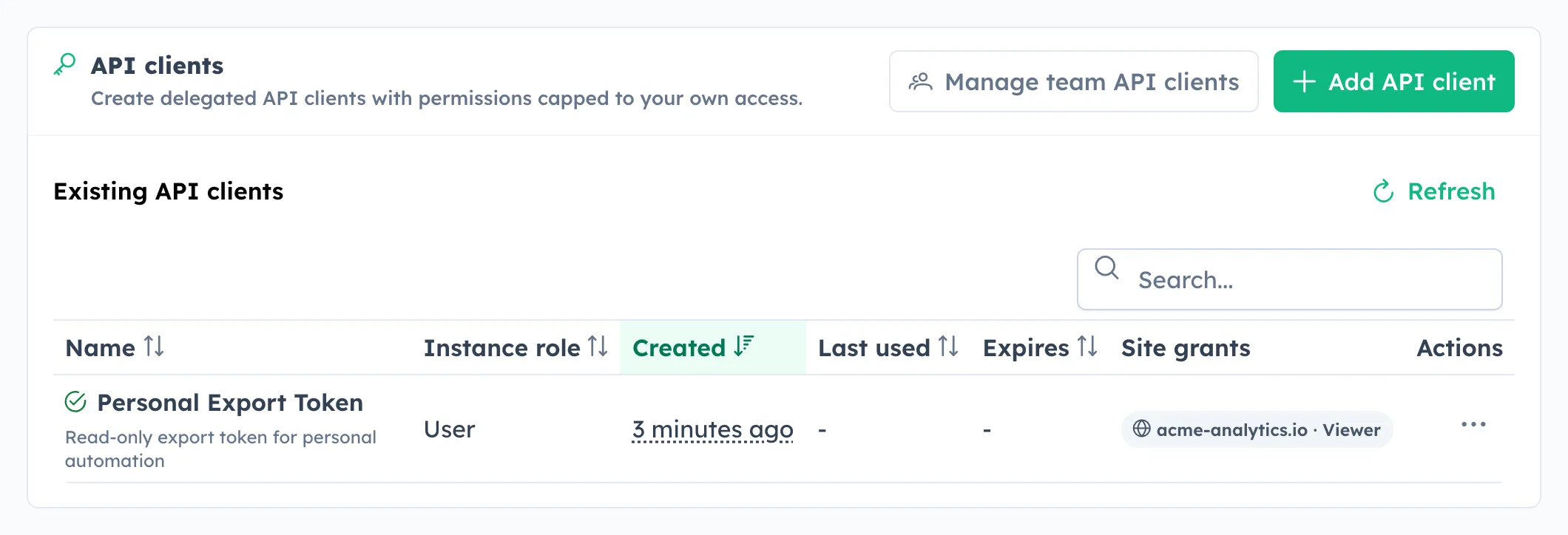 HitKeep API Clients settings card with a table, search field, site grant tag, row actions menu trigger, and create and team-management actions