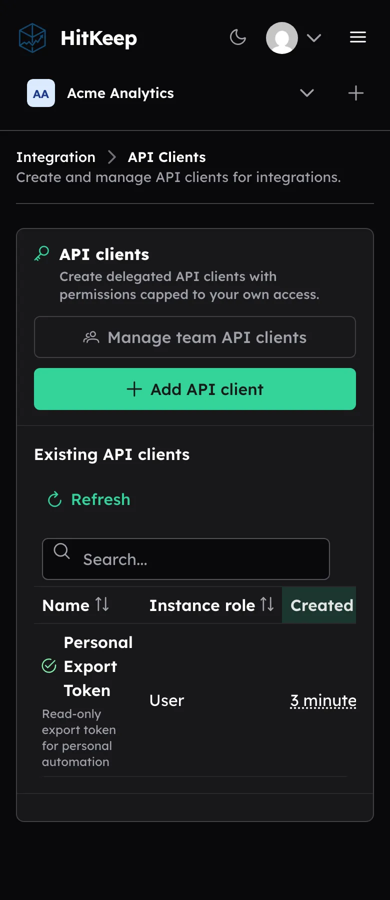 Mobile HitKeep API Clients page showing header controls, manage team API clients, add API client, search, and the API-client table