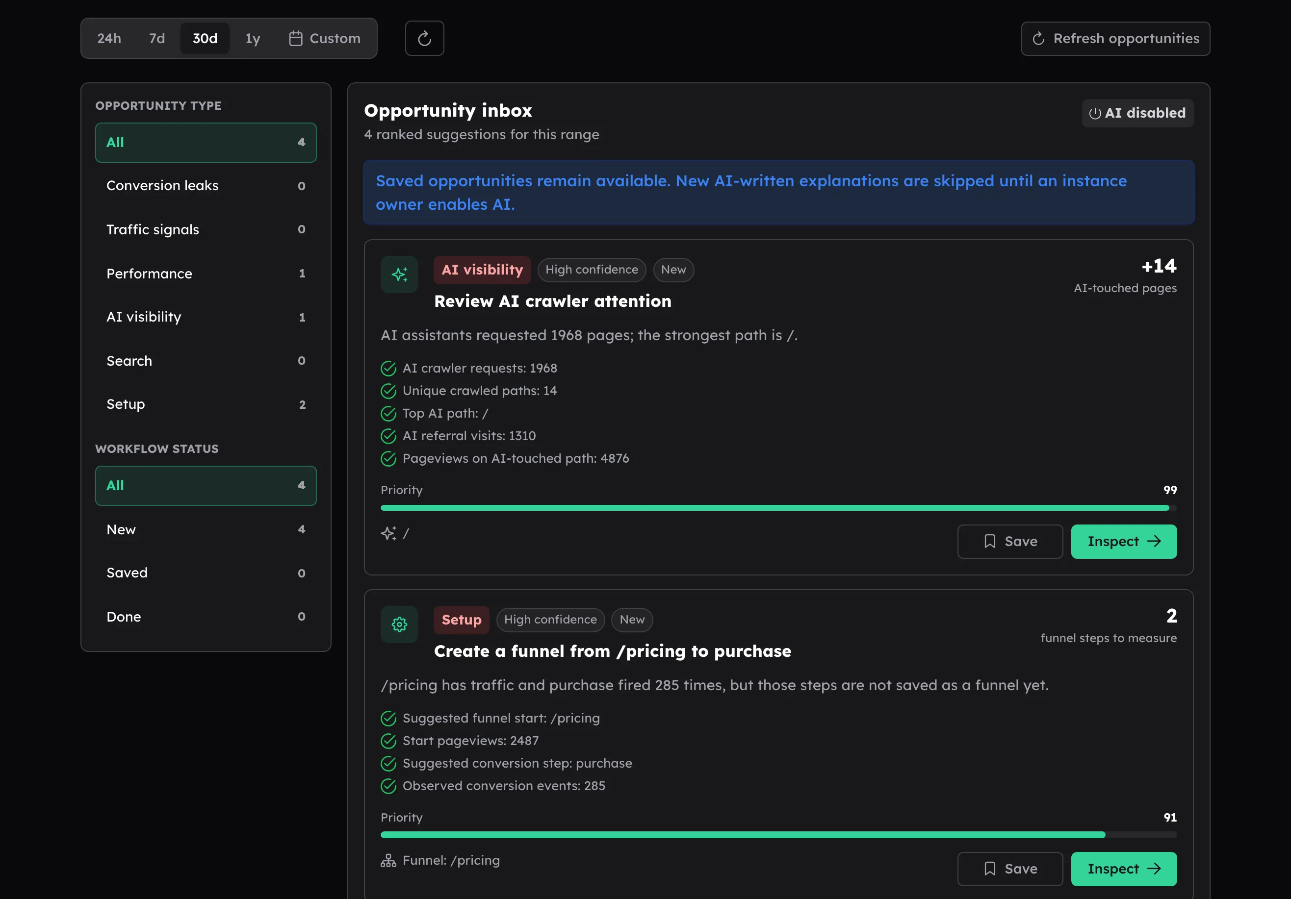 HitKeep Opportunities page in dark mode with readable filter rails, opportunity cards, status badges, evidence rows, and action buttons