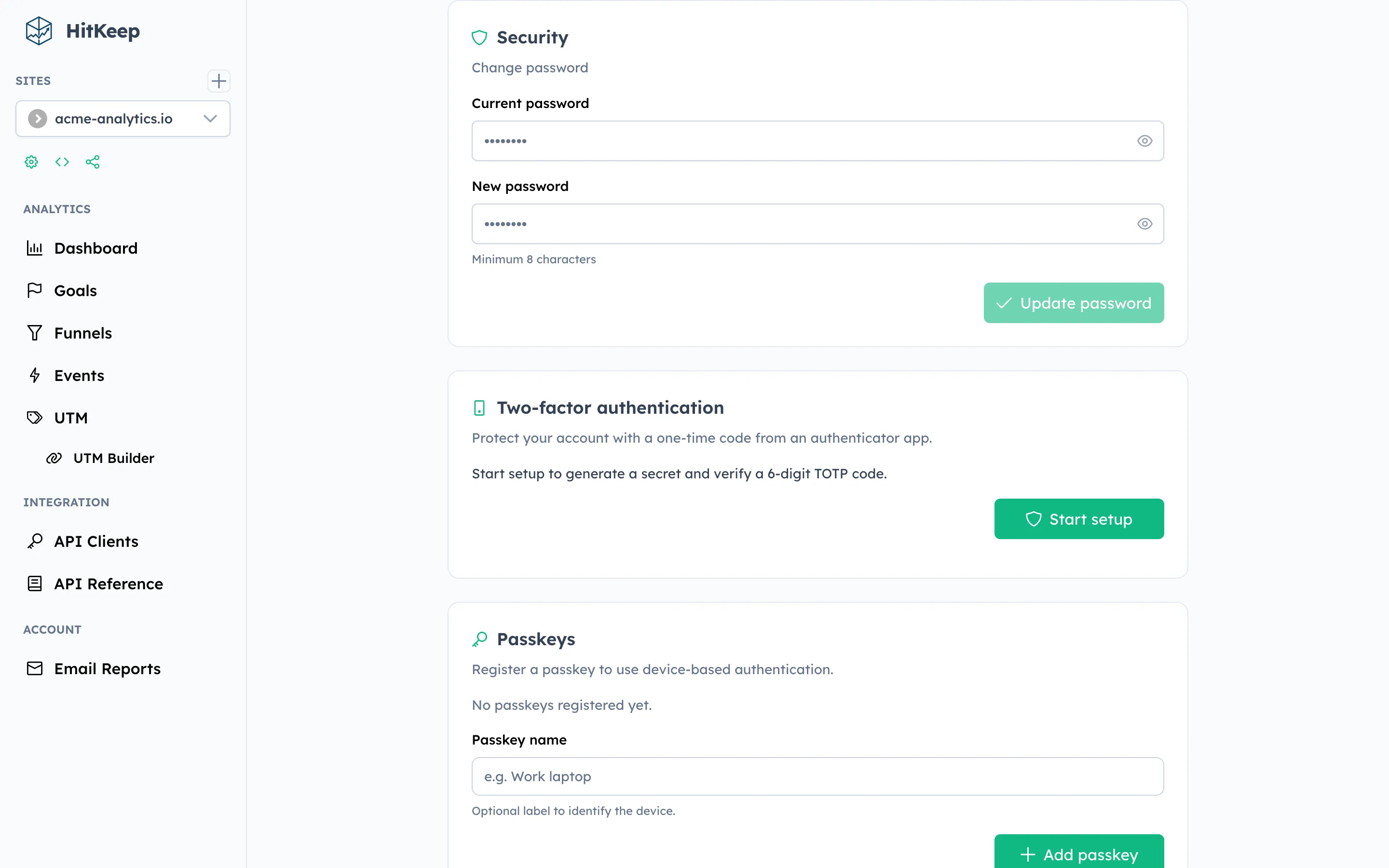 HitKeep two-factor authentication — TOTP and WebAuthn Passkeys
