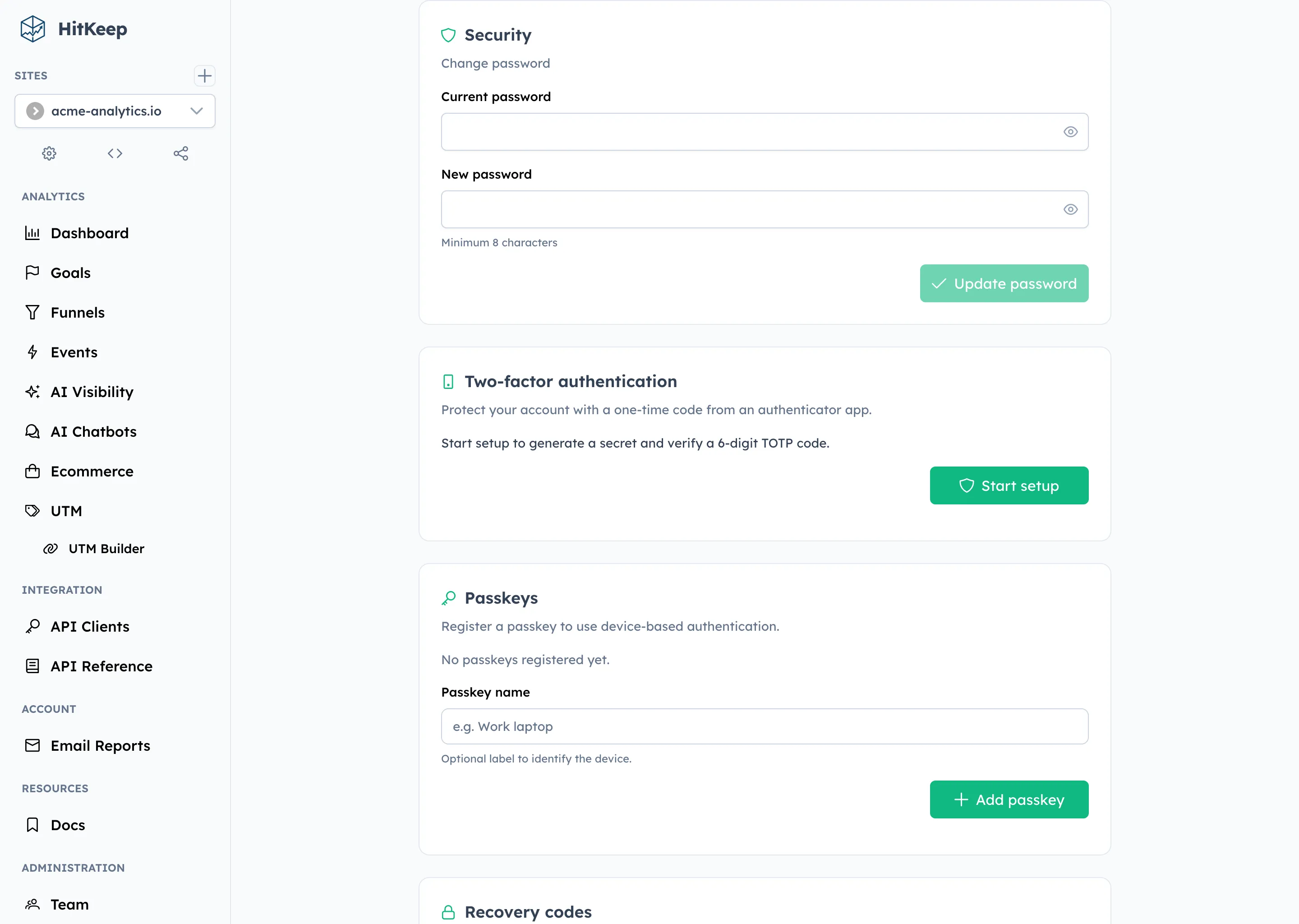 HitKeep security settings — TOTP and WebAuthn Passkey setup