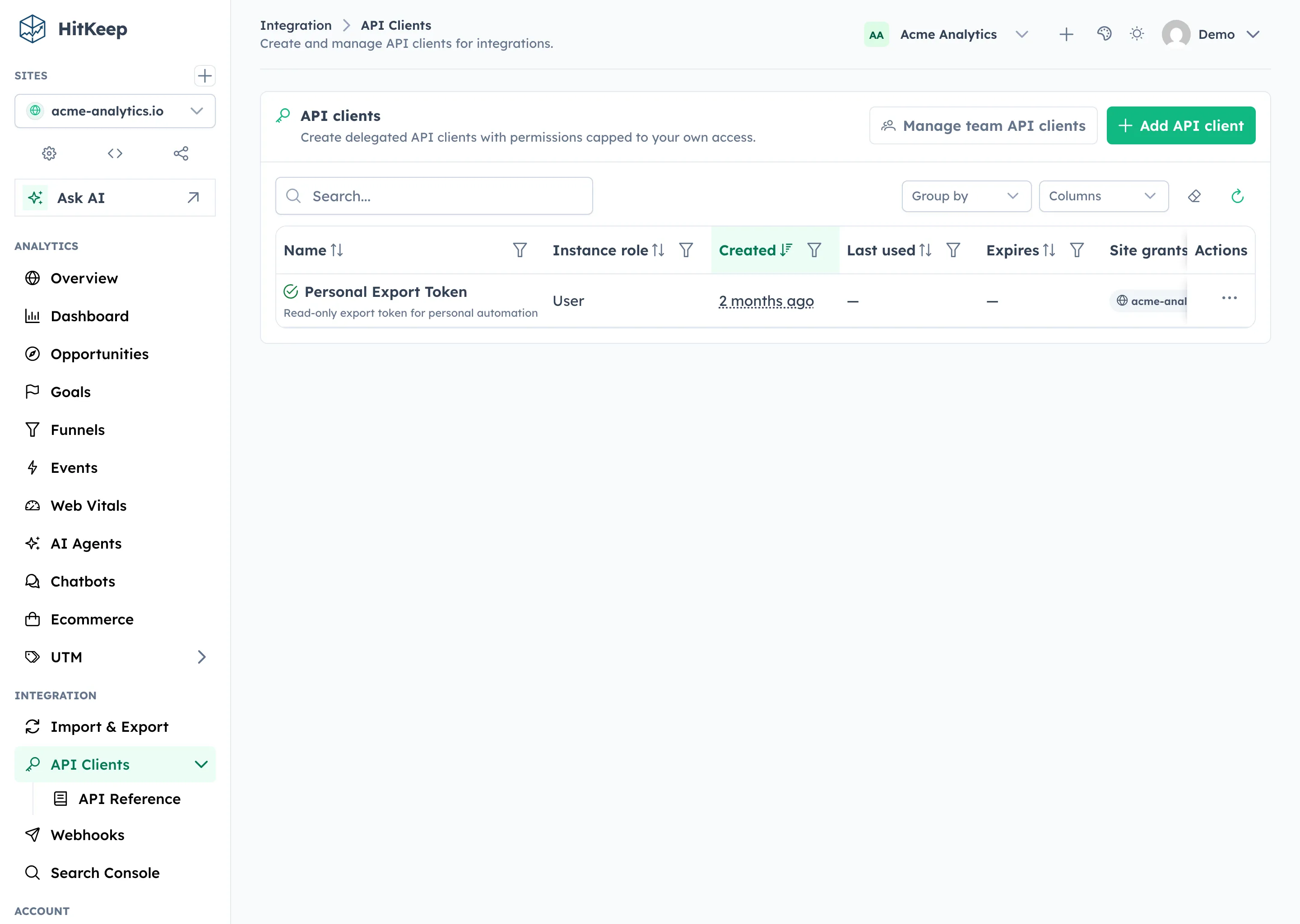 HitKeep API clients — bearer token management