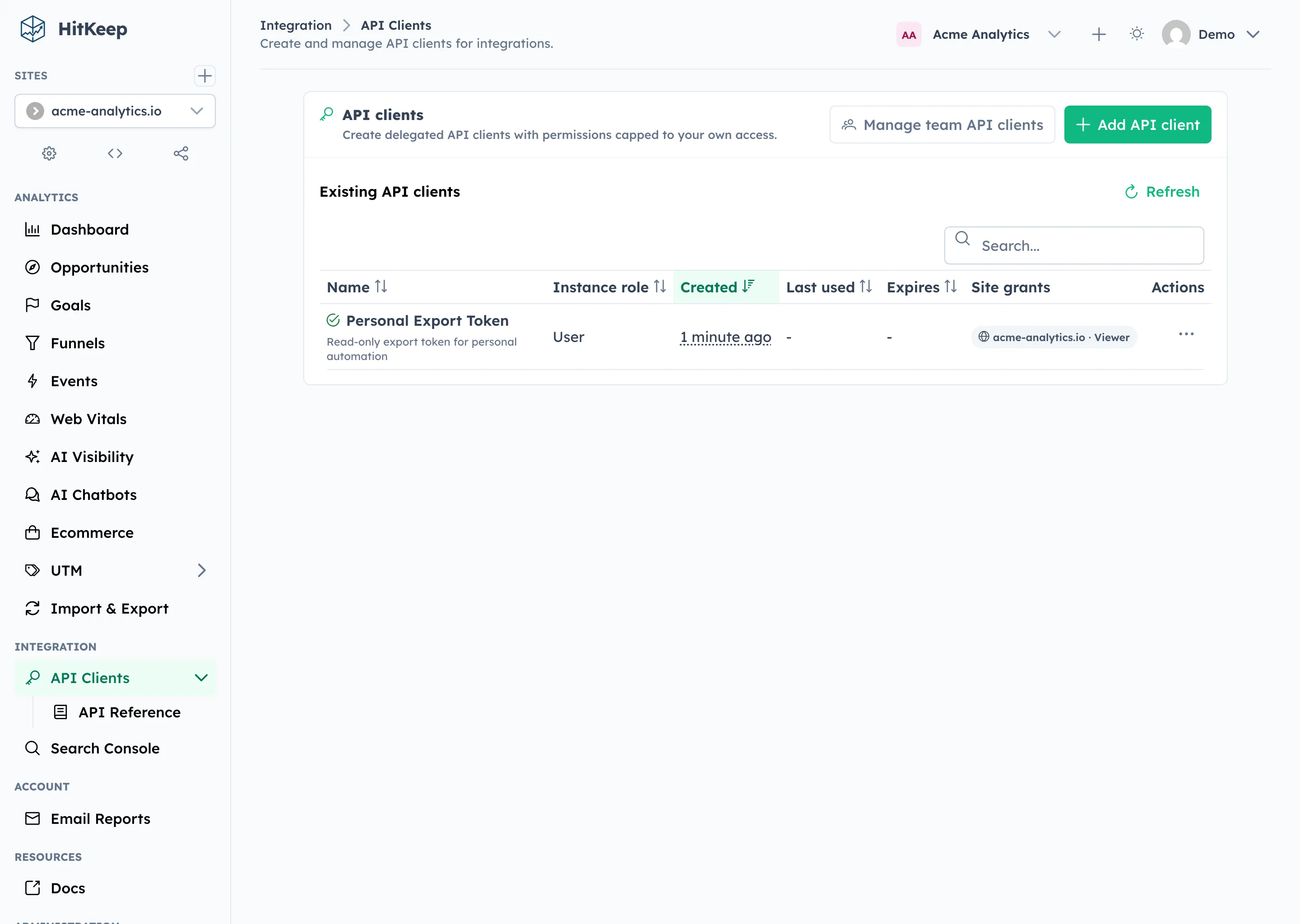 HitKeep API clients — bearer token management