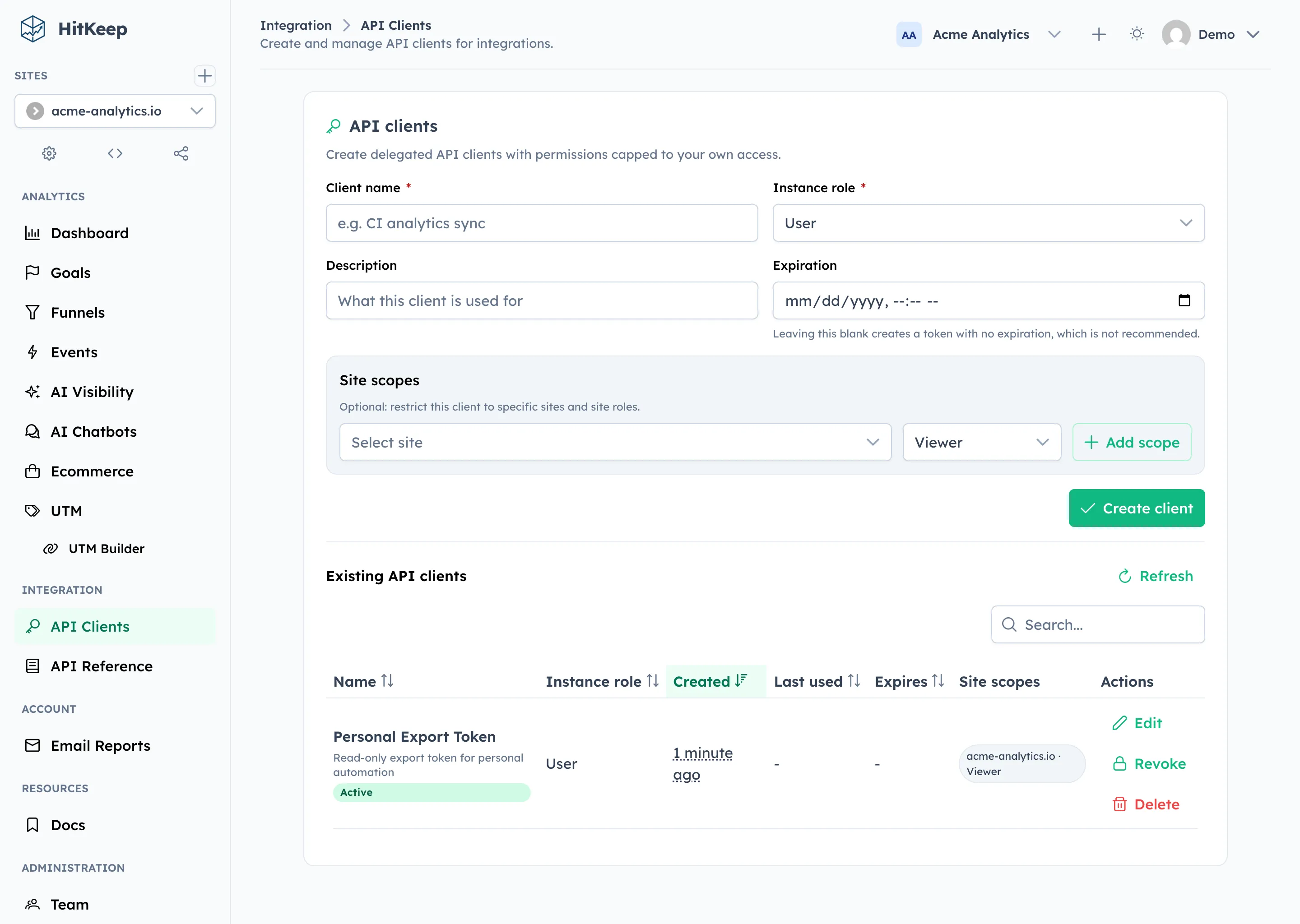 HitKeep API clients — bearer token management