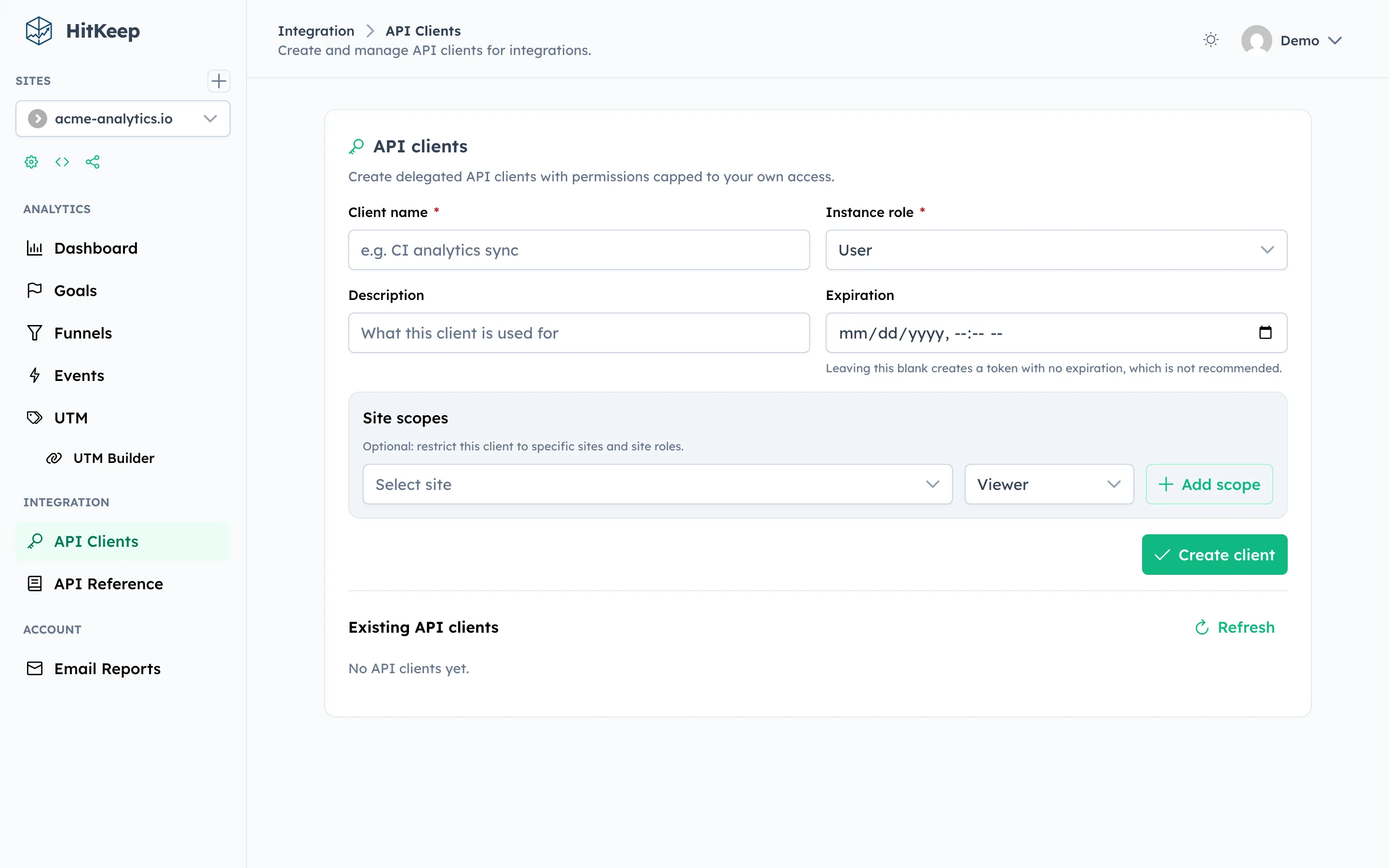 HitKeep API clients — bearer token management