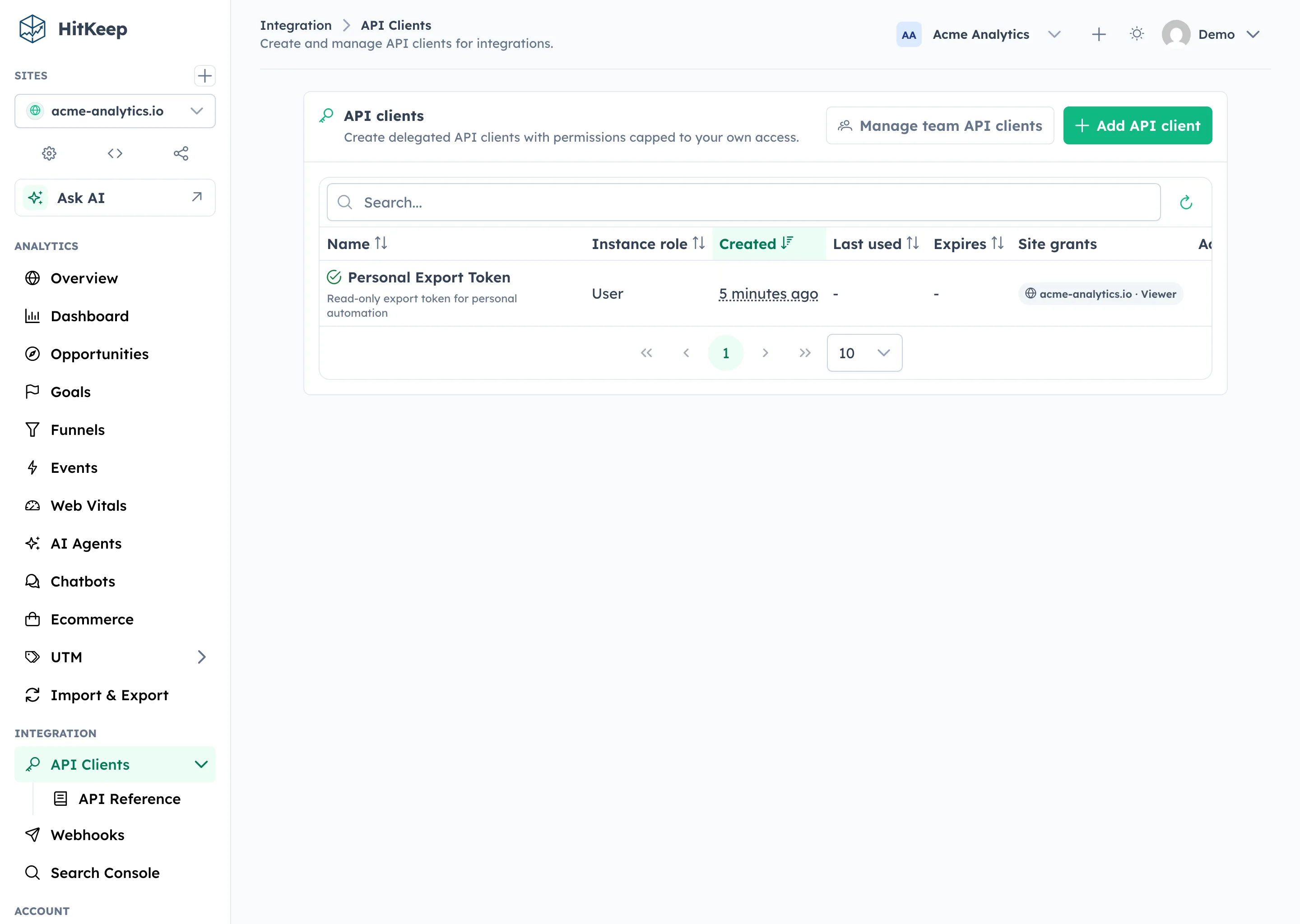 HitKeep API clients page showing scoped bearer tokens for programmatic access