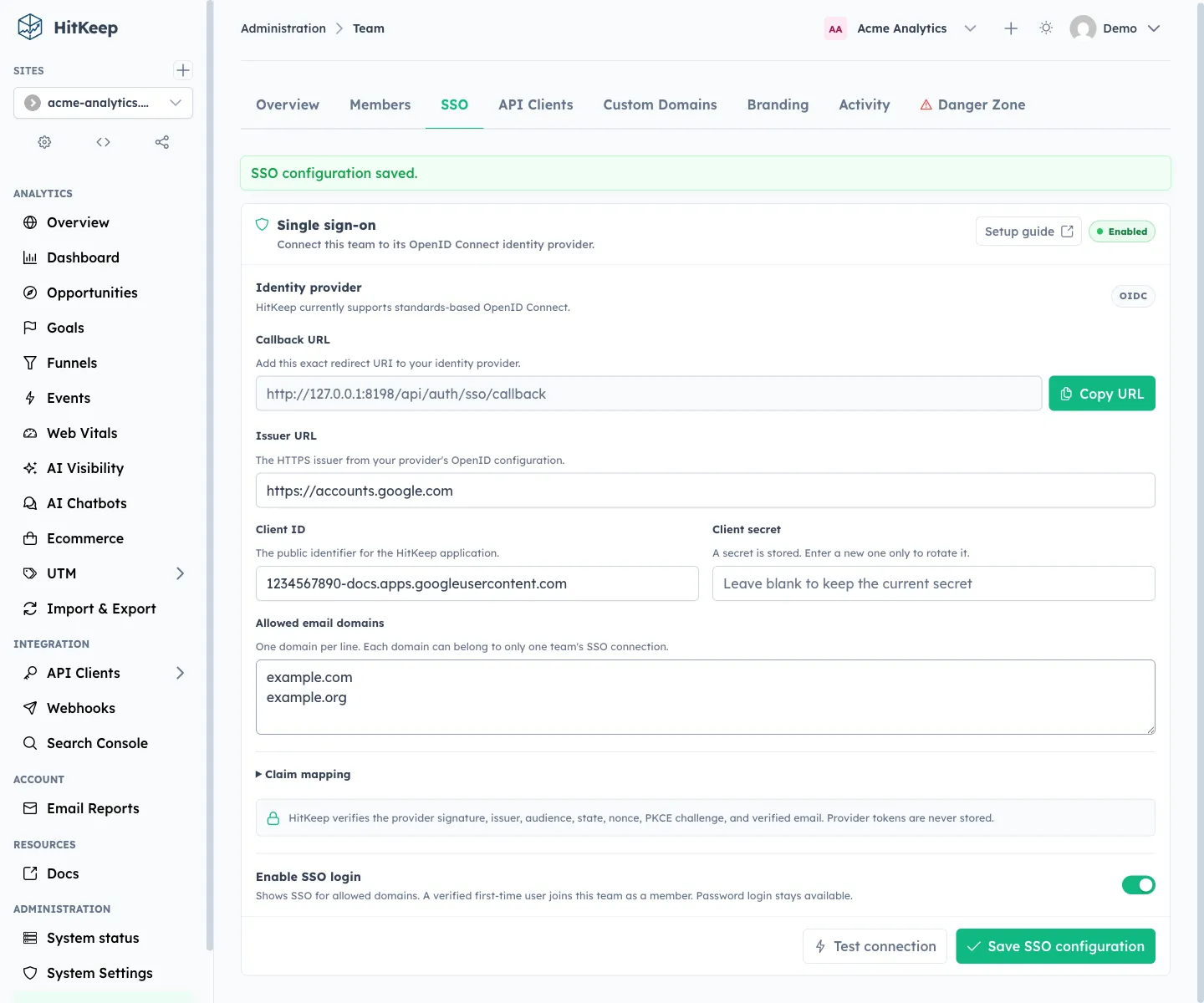 HitKeep 2.12 team SSO settings showing an enabled OpenID Connect issuer, client ID, allowed email domains, callback URL, connection test, and save action